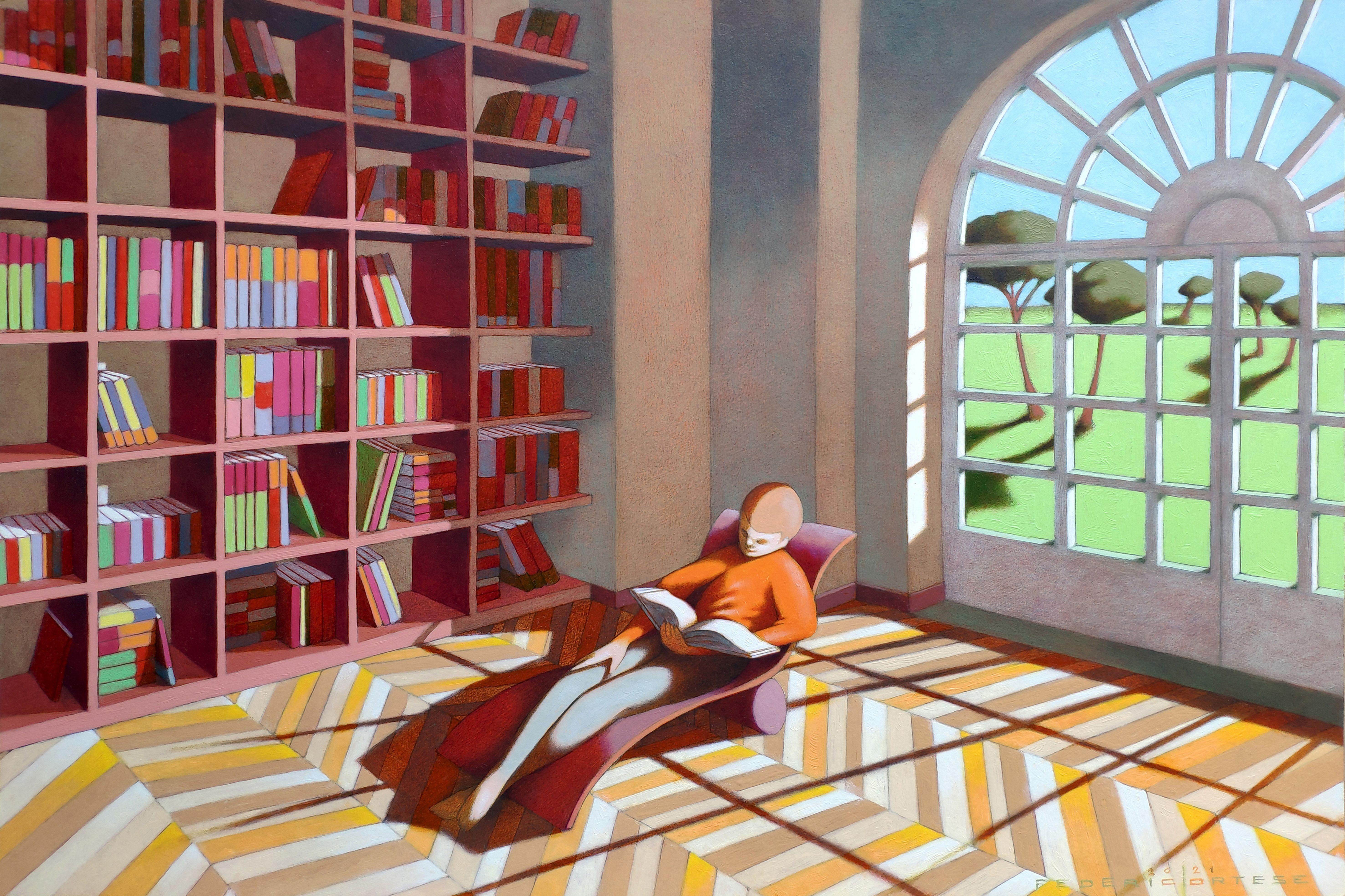 Oil on thick paper, 60 x 40 cm, 2021.   In the reading rooms I wanted to represent a very simple idea, namely how much the content of a book can acquire reality for those who are reading it, becoming as present as the true reality. For this reason
