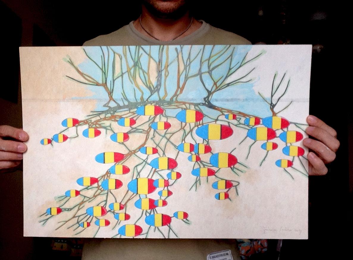 Mitered Tree / Kartoffeln, Gemälde, Öl auf Papier im Angebot 1
