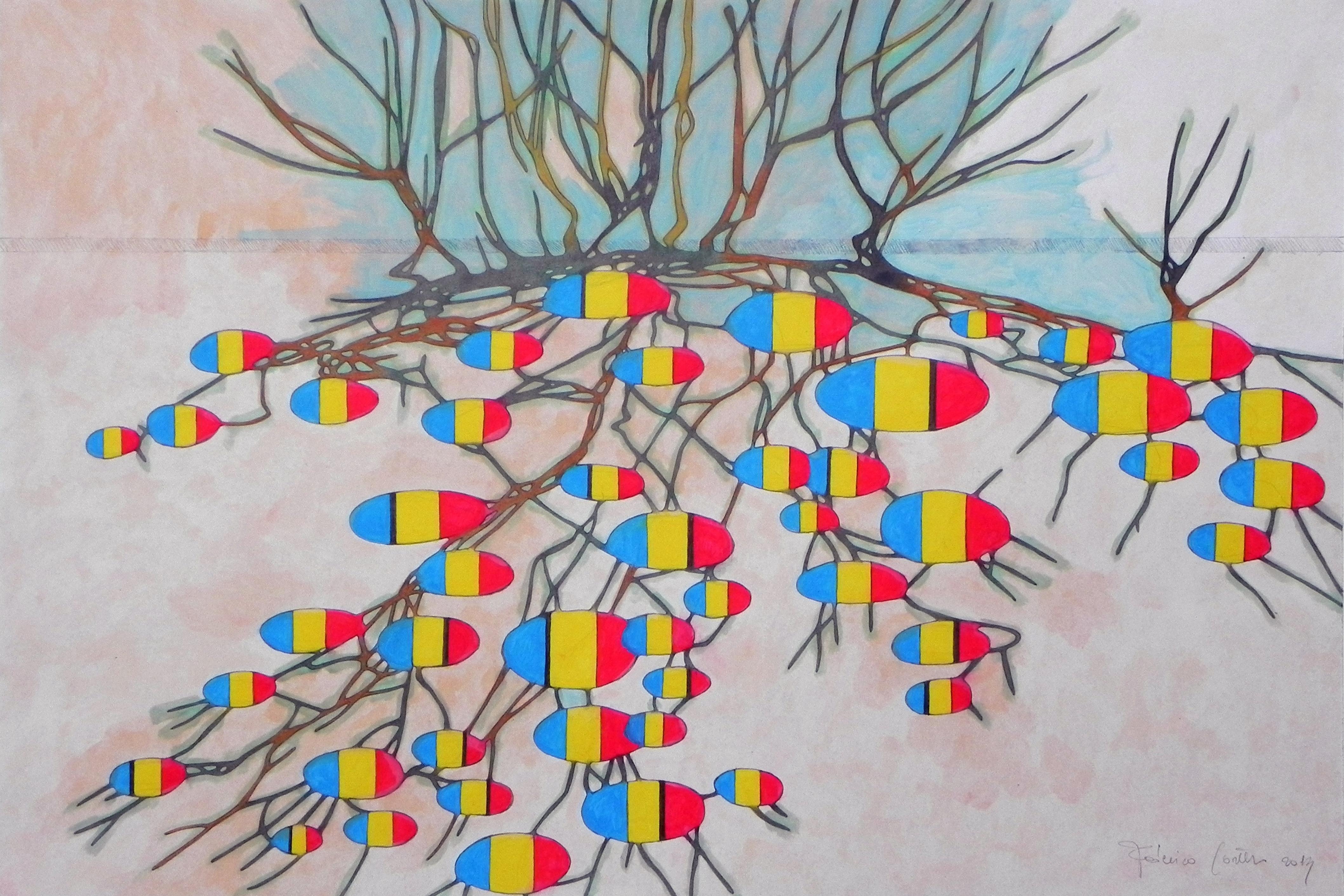 Mitered Tree / Kartoffeln, Gemälde, Öl auf Papier – Painting von Federico Cortese