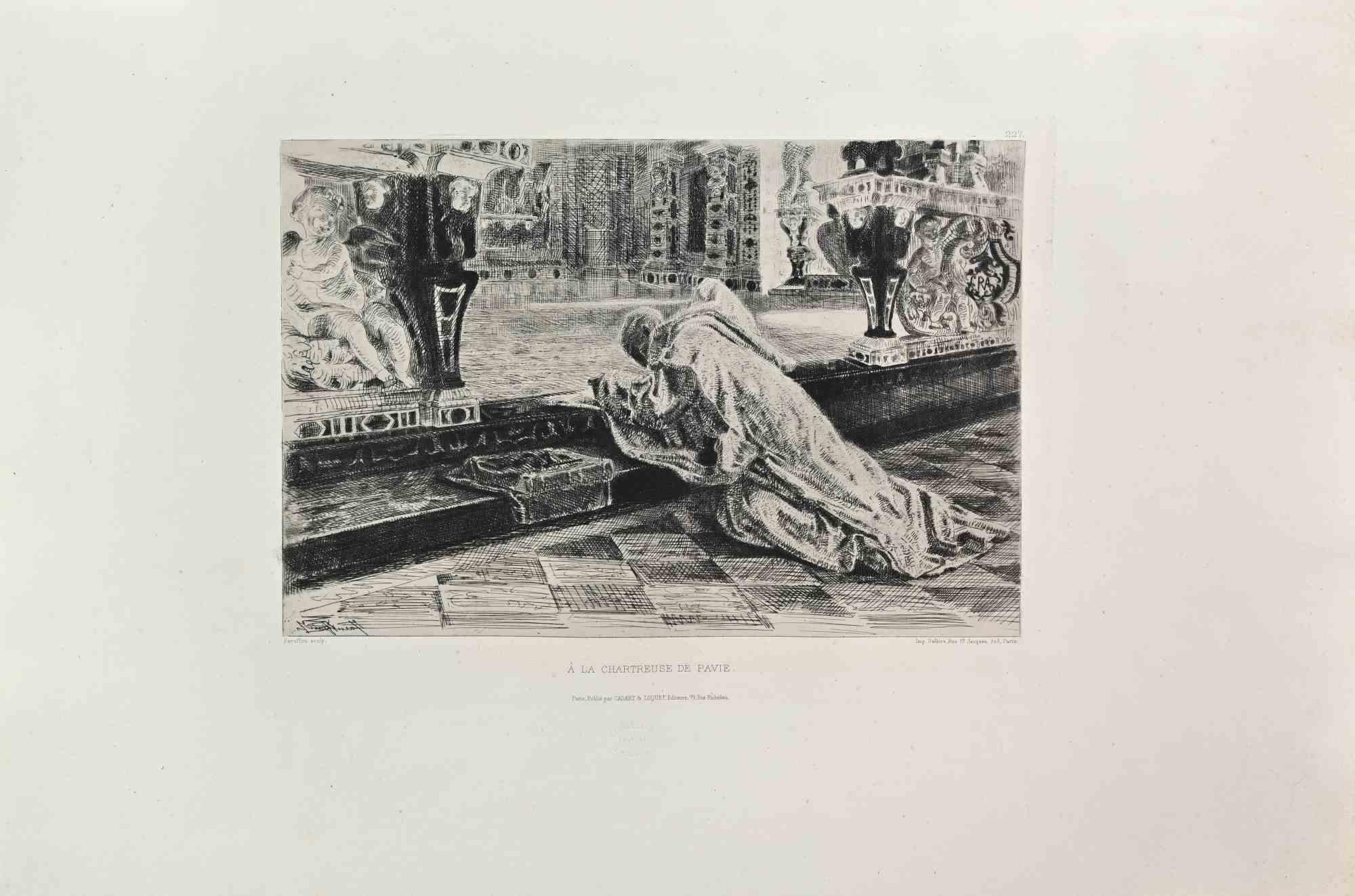 A la Chartreuse de Pavie es un aguafuerte en blanco y negro realizado por Federico Faruffini en la década de 1860. 

Titulado en la parte inferior.

Tamaño de la imagen: 23 x 32.

Muy buena impresión con amplios márgenes y un entintado muy