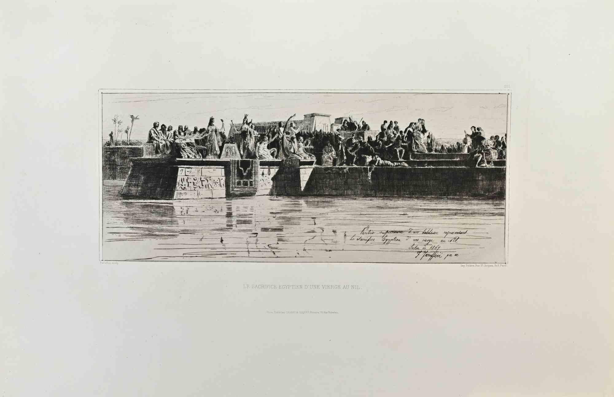 Federico Faruffini Figurative Print – Le Sacrifice Egyptien d'Une Vierge au Nil – Radierung von Federico Faruffin – 1870er Jahre