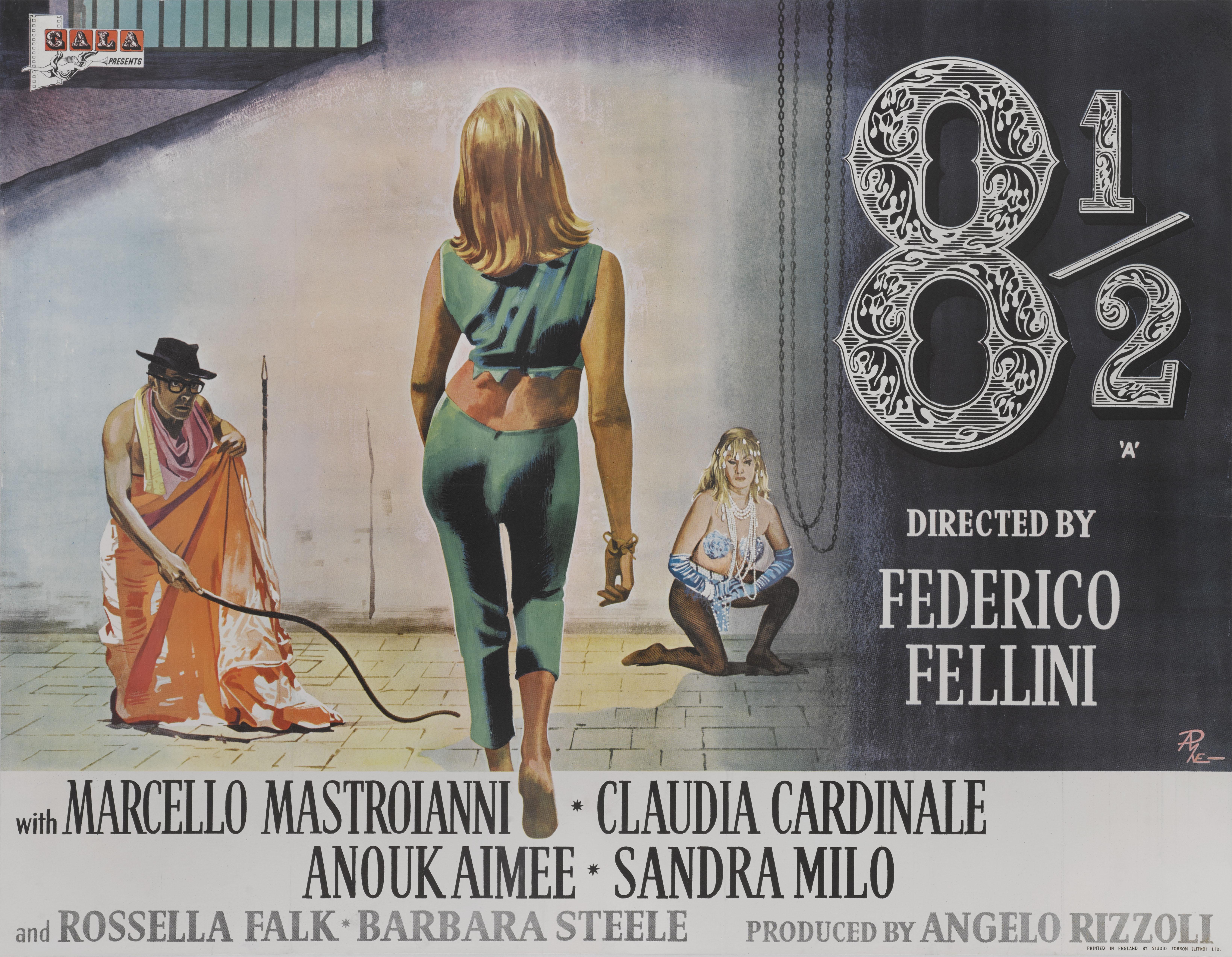 Exceptionally rare original British film poster for the 1963 drama director Federico Fellini he used the title 8 1/2 as this was his 8 1/2 film project. This film won Academy Awards for Best Foreign Language Film and Best Costume design. Fellini is