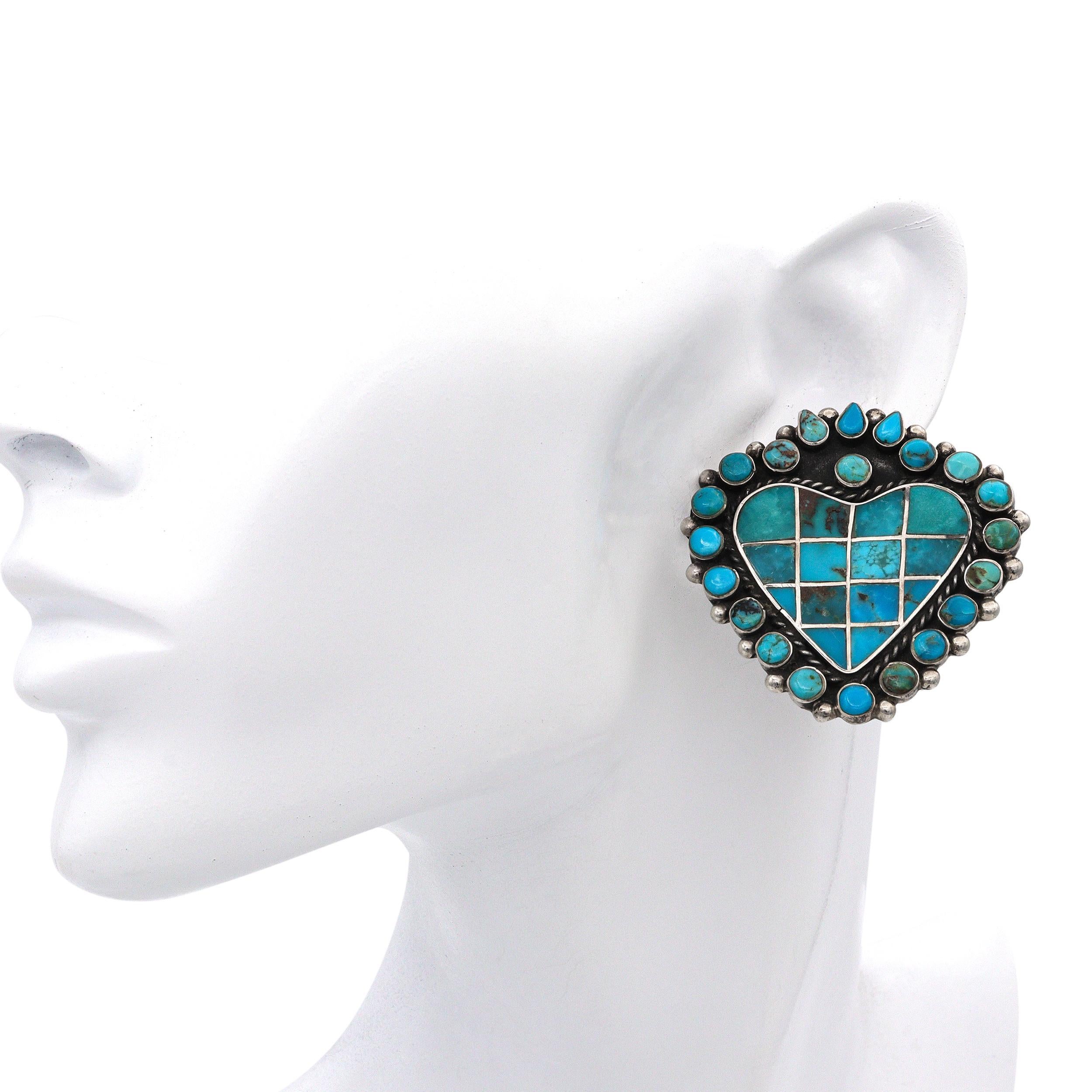 Cabochon Federico Jimenez Southwestern Sterling Silver Turquoise Heart Clip On Earrings For Sale