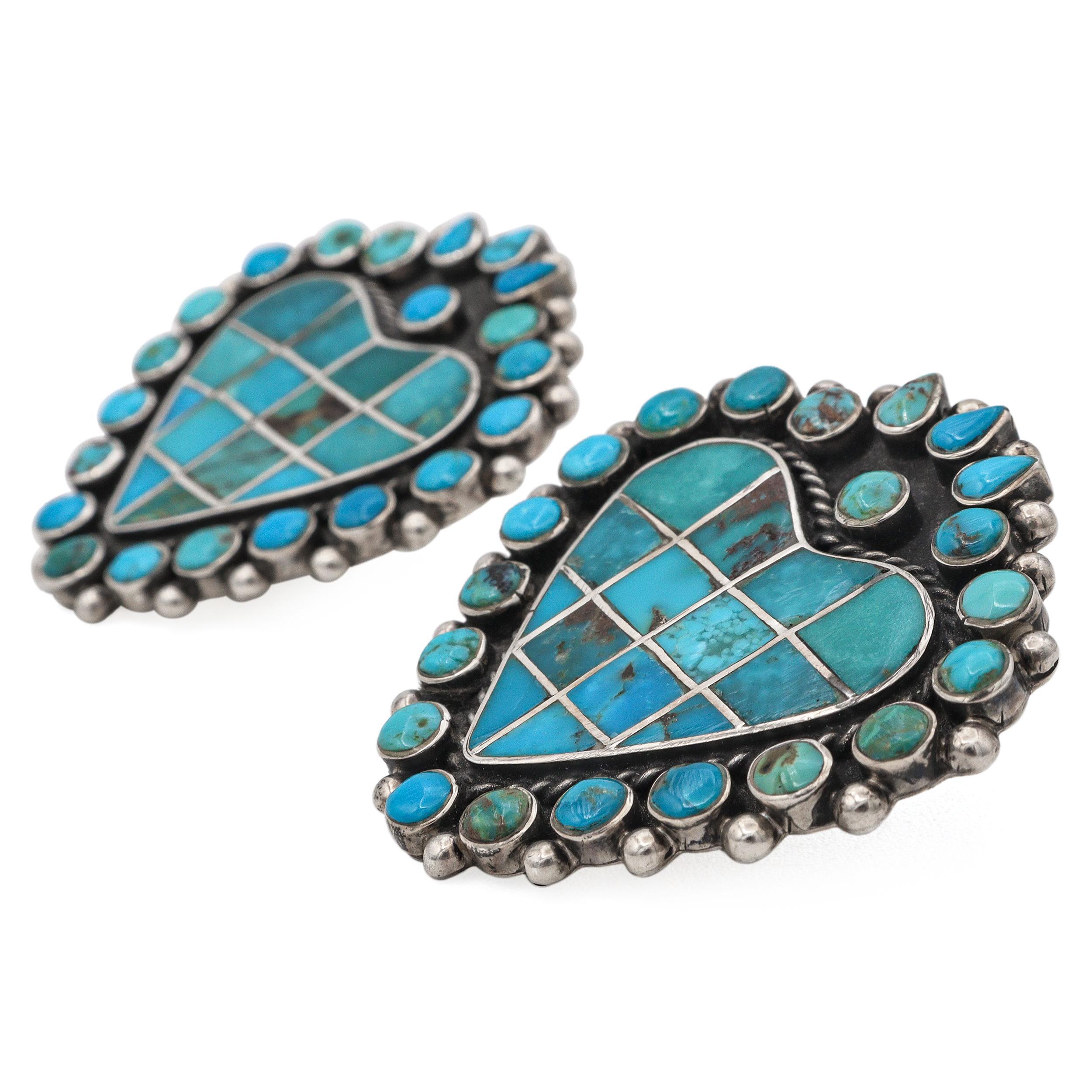 Federico Jimenez Southwestern Sterling Silver Turquoise Heart Clip On Earrings In Good Condition For Sale In New York, NY