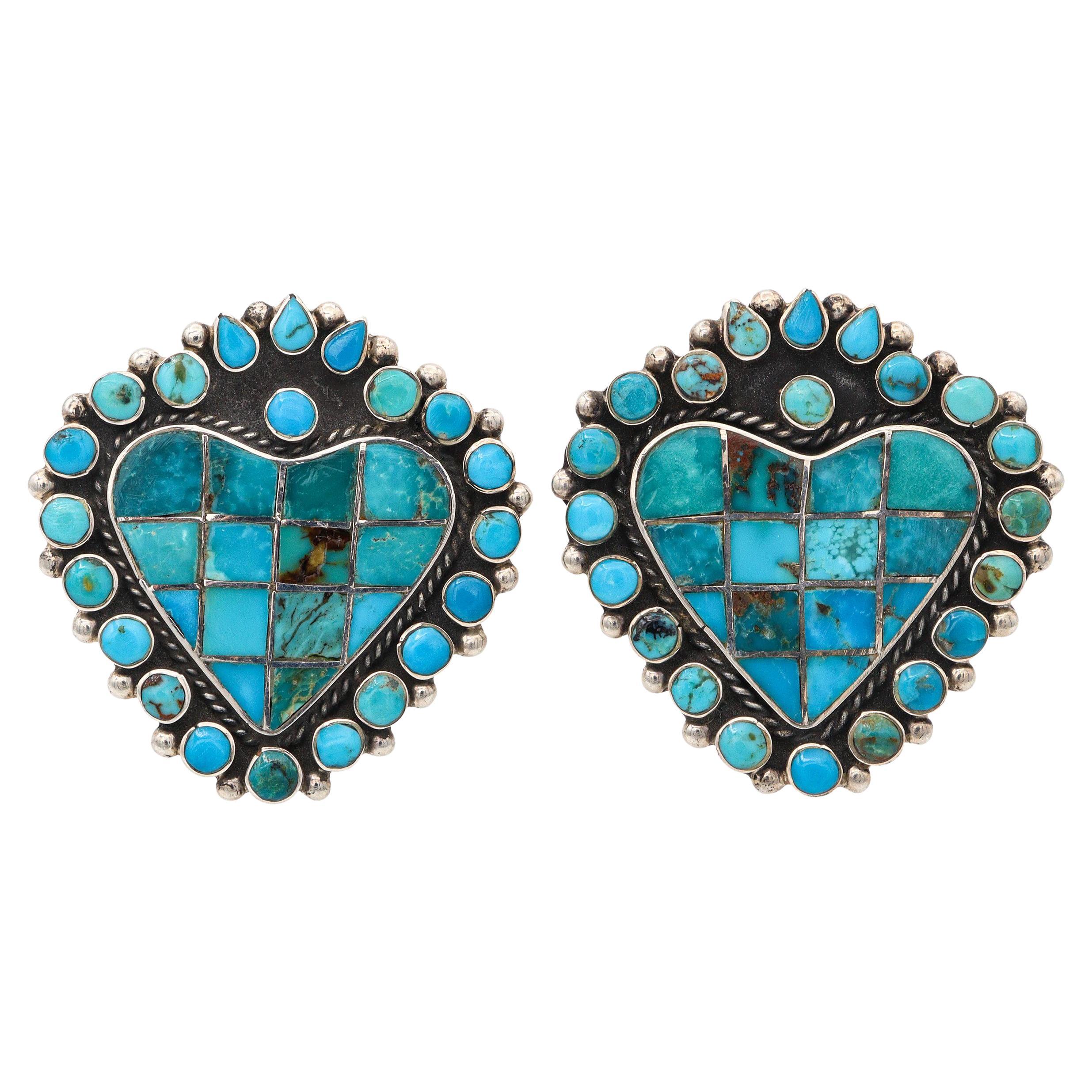 Federico Jimenez Southwestern Sterling Silver Turquoise Heart Clip On Earrings For Sale