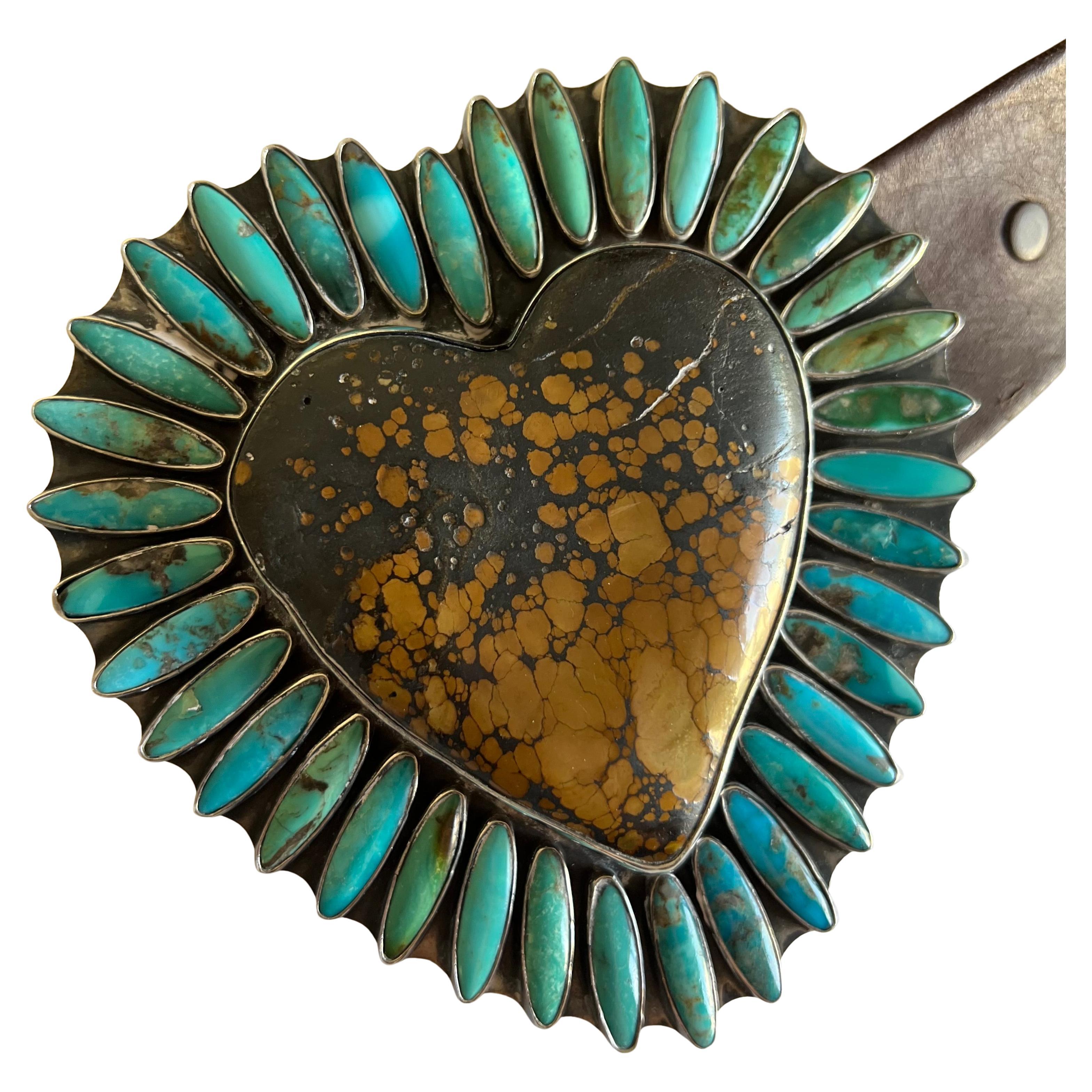 Native American Federico Jimenez Sterling Silver Earth Brown Turquoise Heart Shaped Belt Buckle