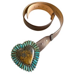 Vintage Federico Jimenez Sterling Silver Earth Brown Turquoise Heart Shaped Belt Buckle