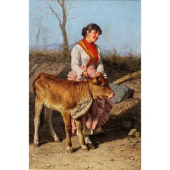 Federico Mazzotta 'Italian, 1839-1897' a 19th Century Oil on Canvas Maiden & Cow