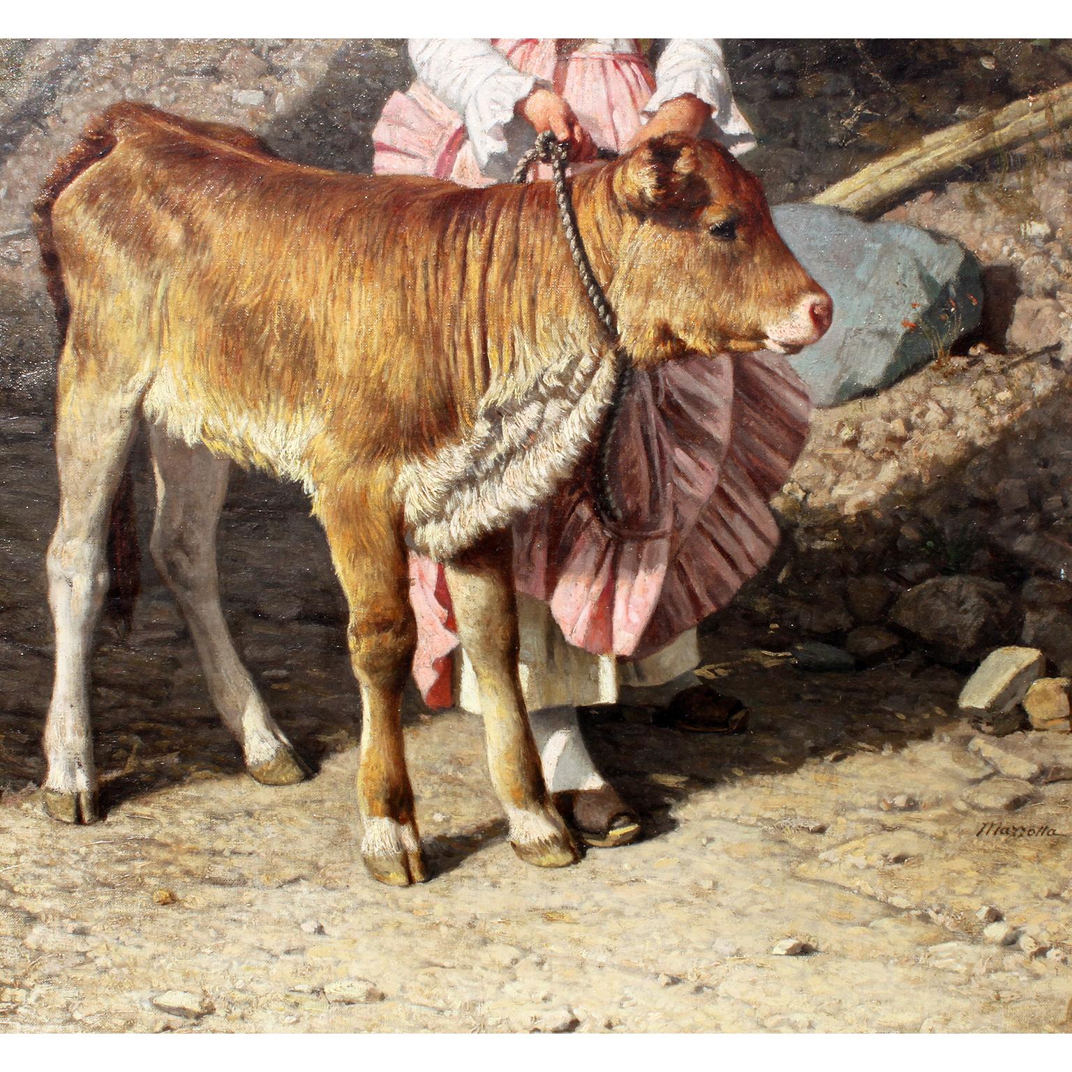 Country Federico Mazzotta 'Italian, 1839-1897' a 19th Century Oil on Canvas Maiden & Cow For Sale