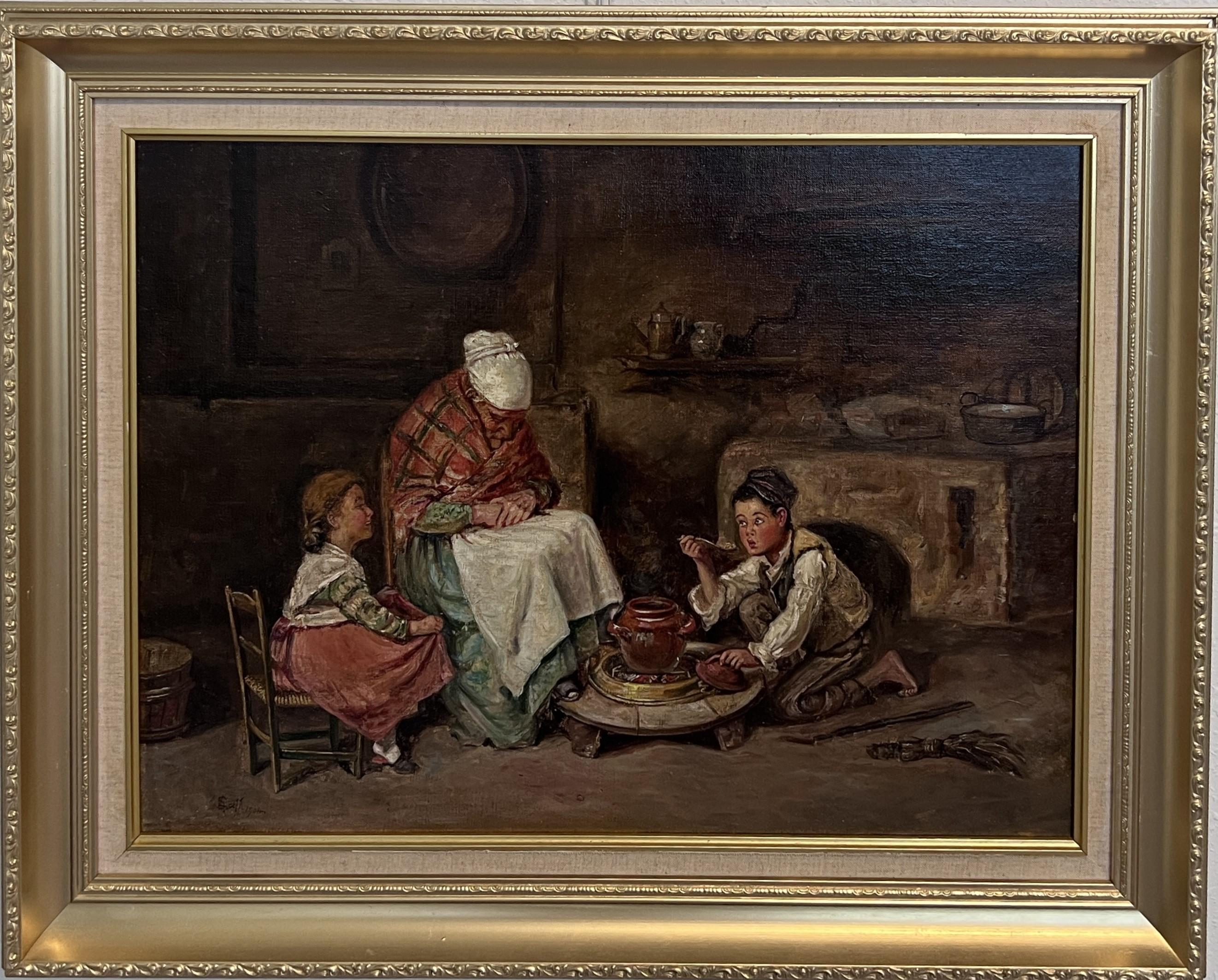 Up for sale is an antique original oil painting on canvas after Federico Mazzotta (Italian, 1839  -  1897) titled "Stealing a Taste".  

This painting depicts a warm domestic scene, set in a rustic interior, and captures a quiet moment of daily life
