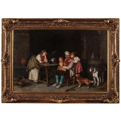 Une belle huile sur toile italienne du 19ème siècle « Petits enfants visitant grand-père »