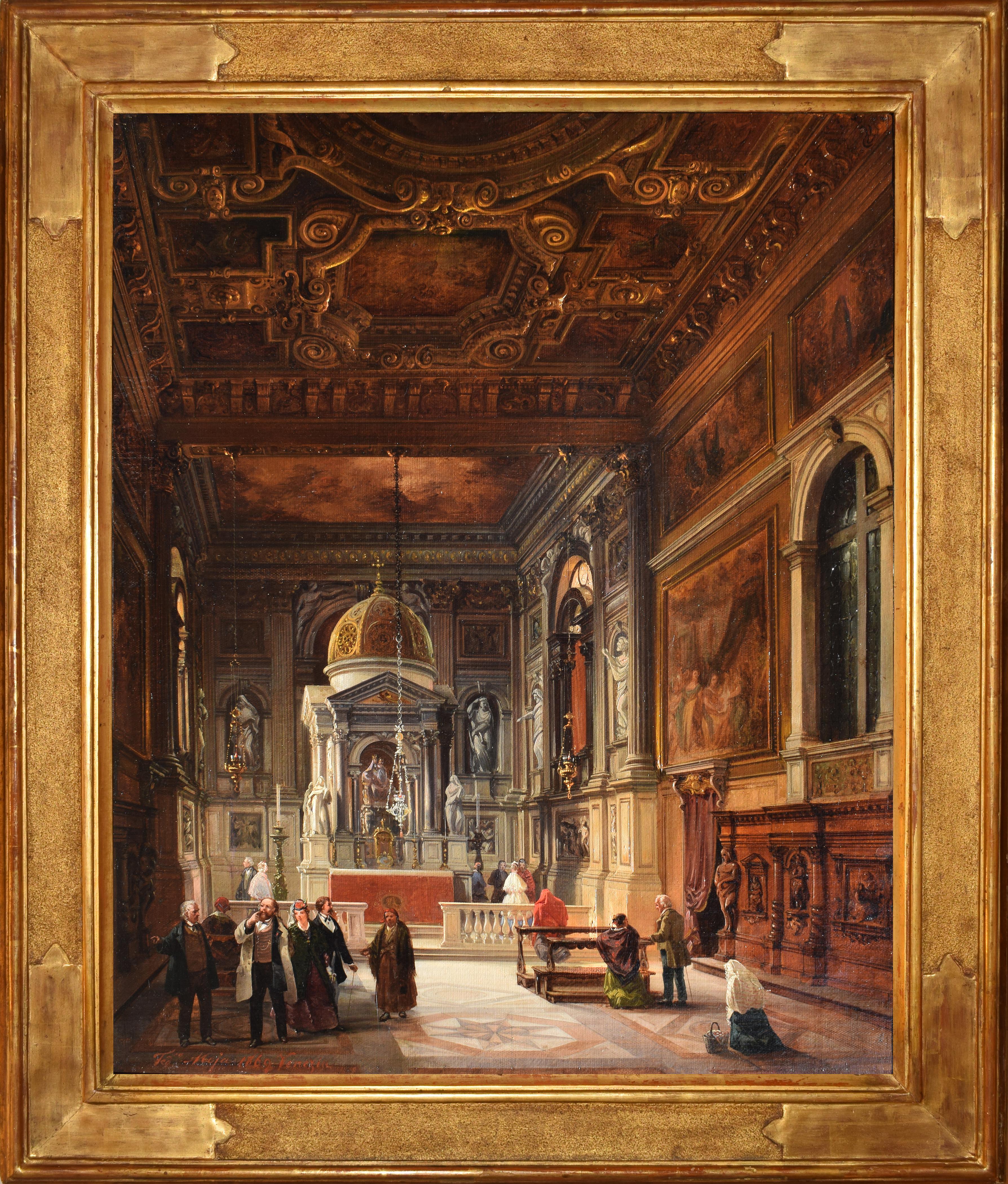 Intérieur de la chapelle du Rosaire dans l'église des Saints Jean et Paul, Venise - Painting de Federico Moja
