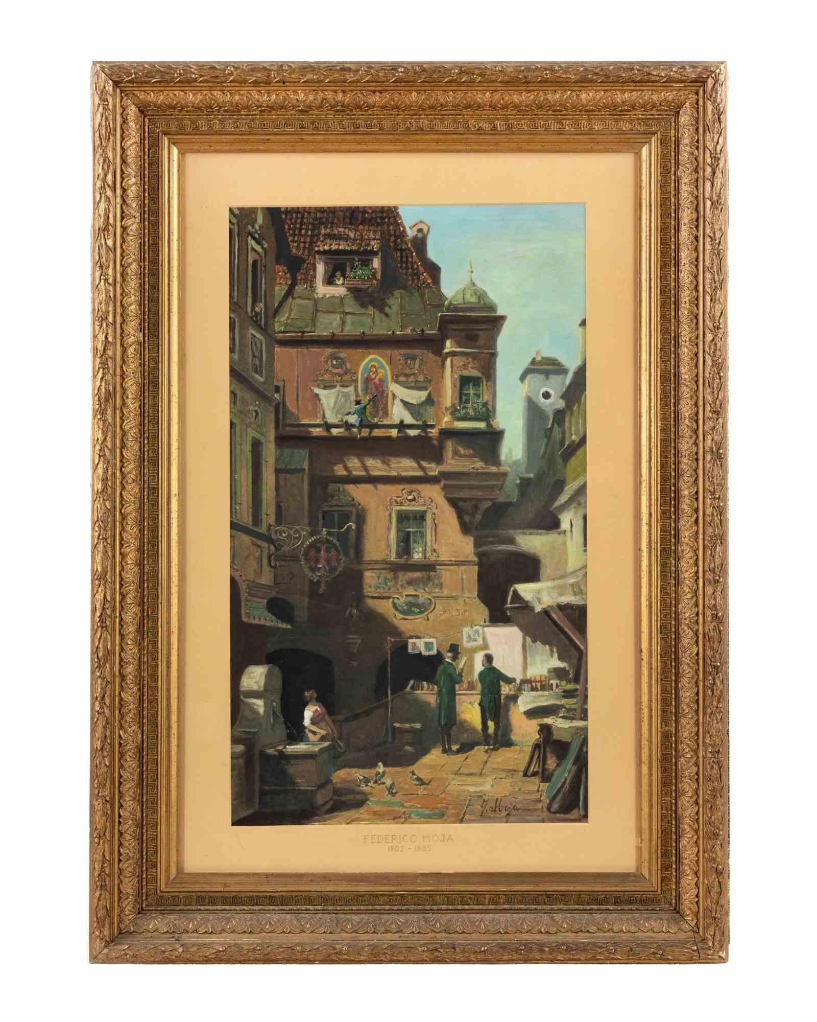 Scorcio di città è un'opera d'arte moderna realizzata da Federico Moja nel XIX secolo.

Litografia mista a colori.

Nome dell'artista sul margine inferiore.

Firma sul piatto.

Include una cornice