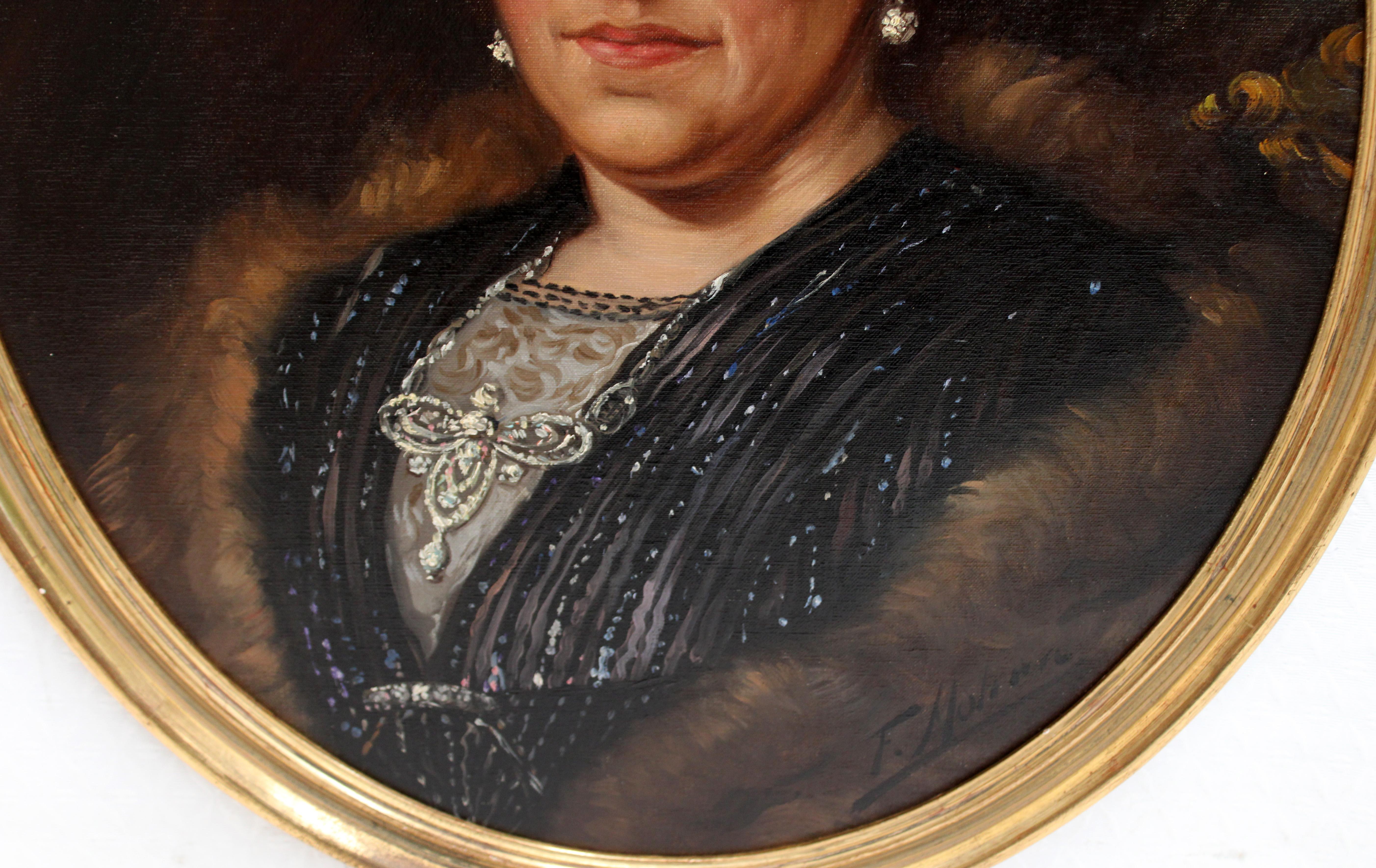 Dama con estola - Óleo sobre tabla For Sale 1