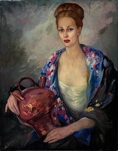 Elegant Female Portrait with Red Ceramic Jar and Blue Mediterranean Shawl Oil