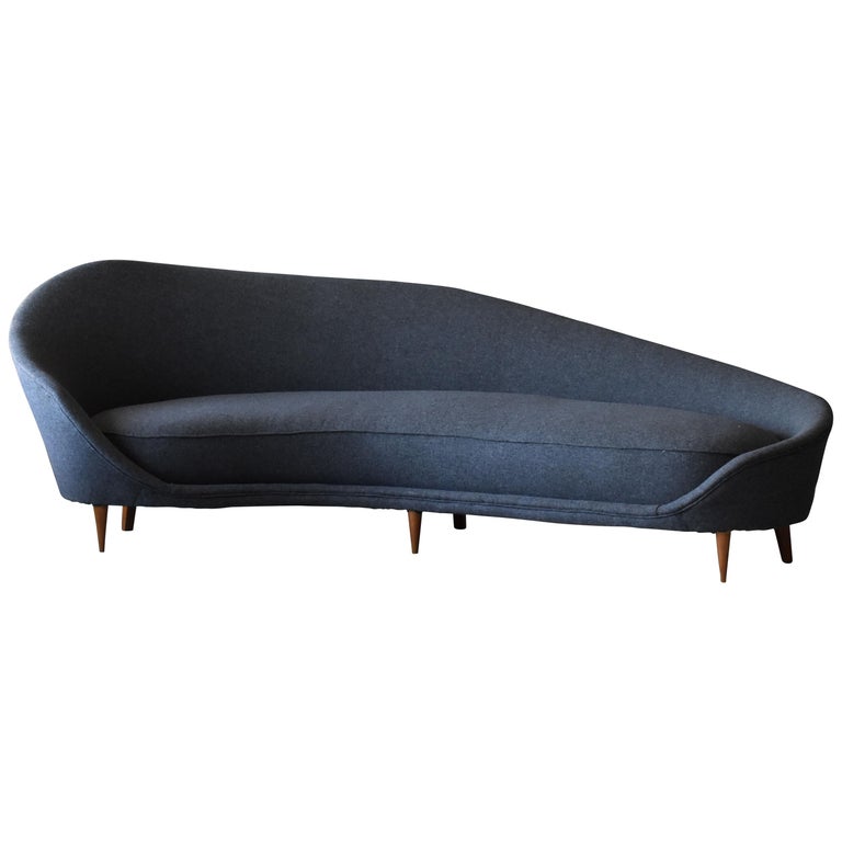 Federico Munari Attributed Organic Sofa Oak Dark Grey Fabric Italy 1950s