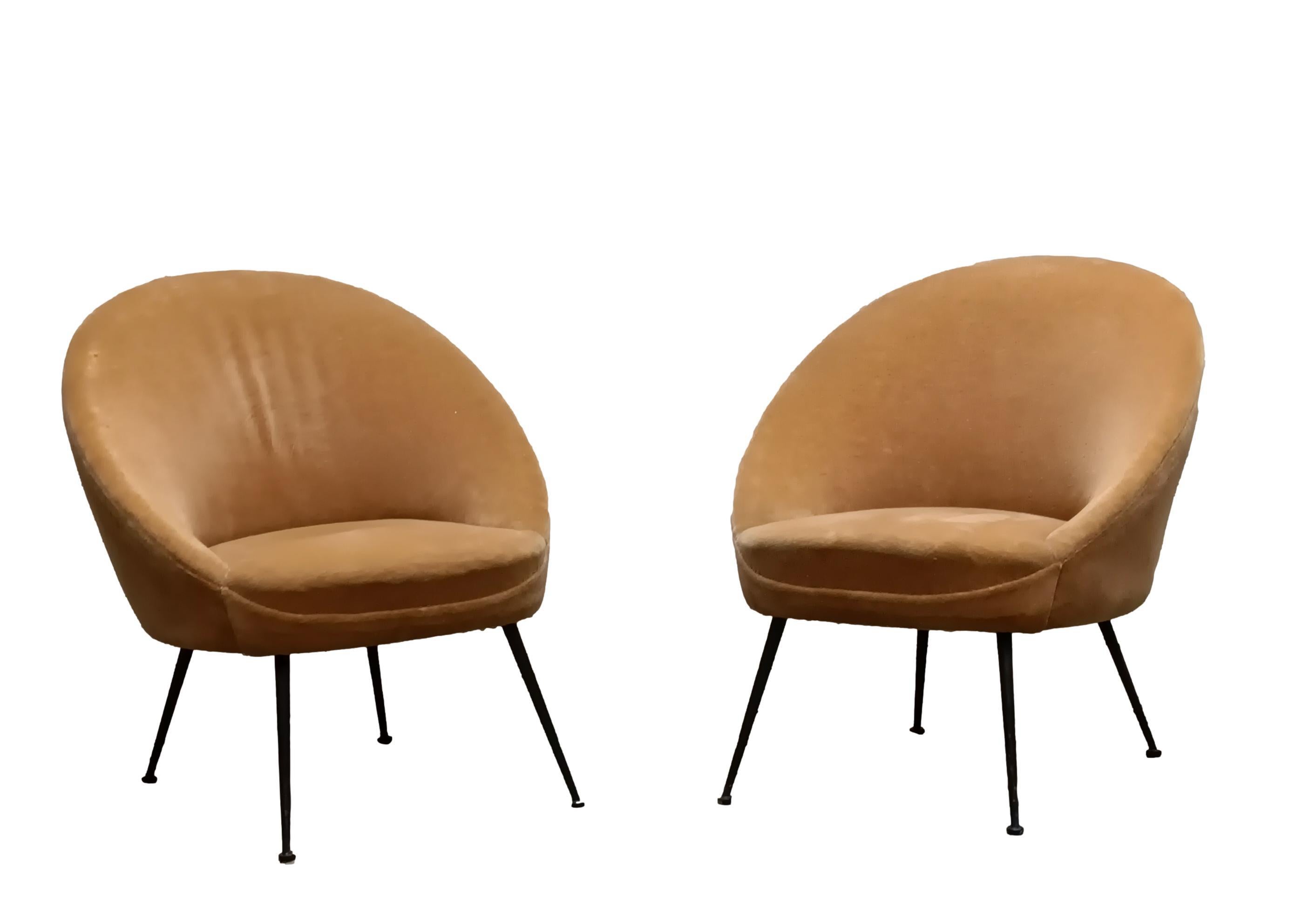 Coppia di poltrone degli anni 50 disegnate da Federico Munari , rivestite in velluto color sabbia  e gambe in metallo. La forma delle poltrone è pensata per offrire comfort e relax, con uno schienale leggermente curvato e braccioli discreti che