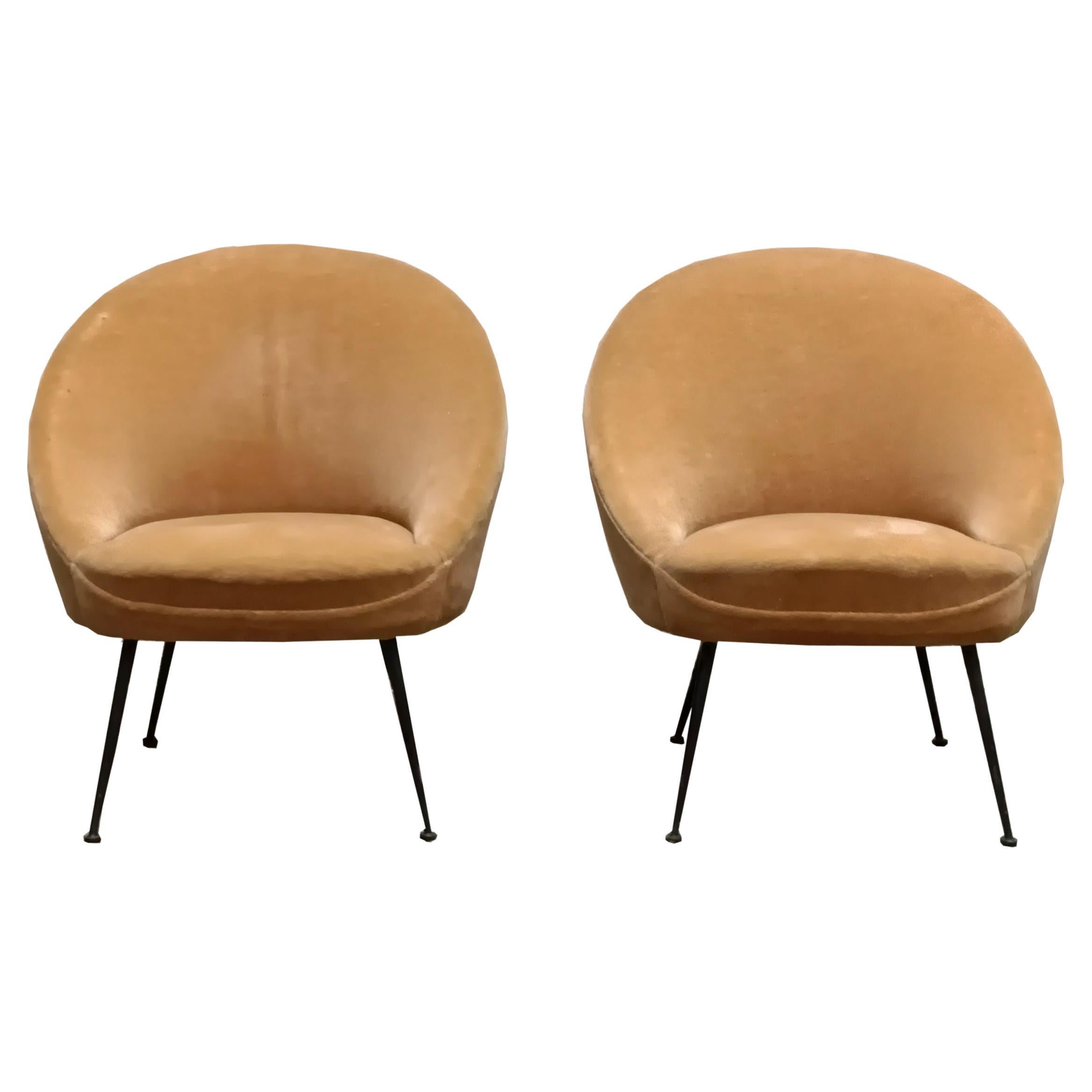 Federico Munari Pair of Sand-colored Velvet Armchairs, Italy 1950s