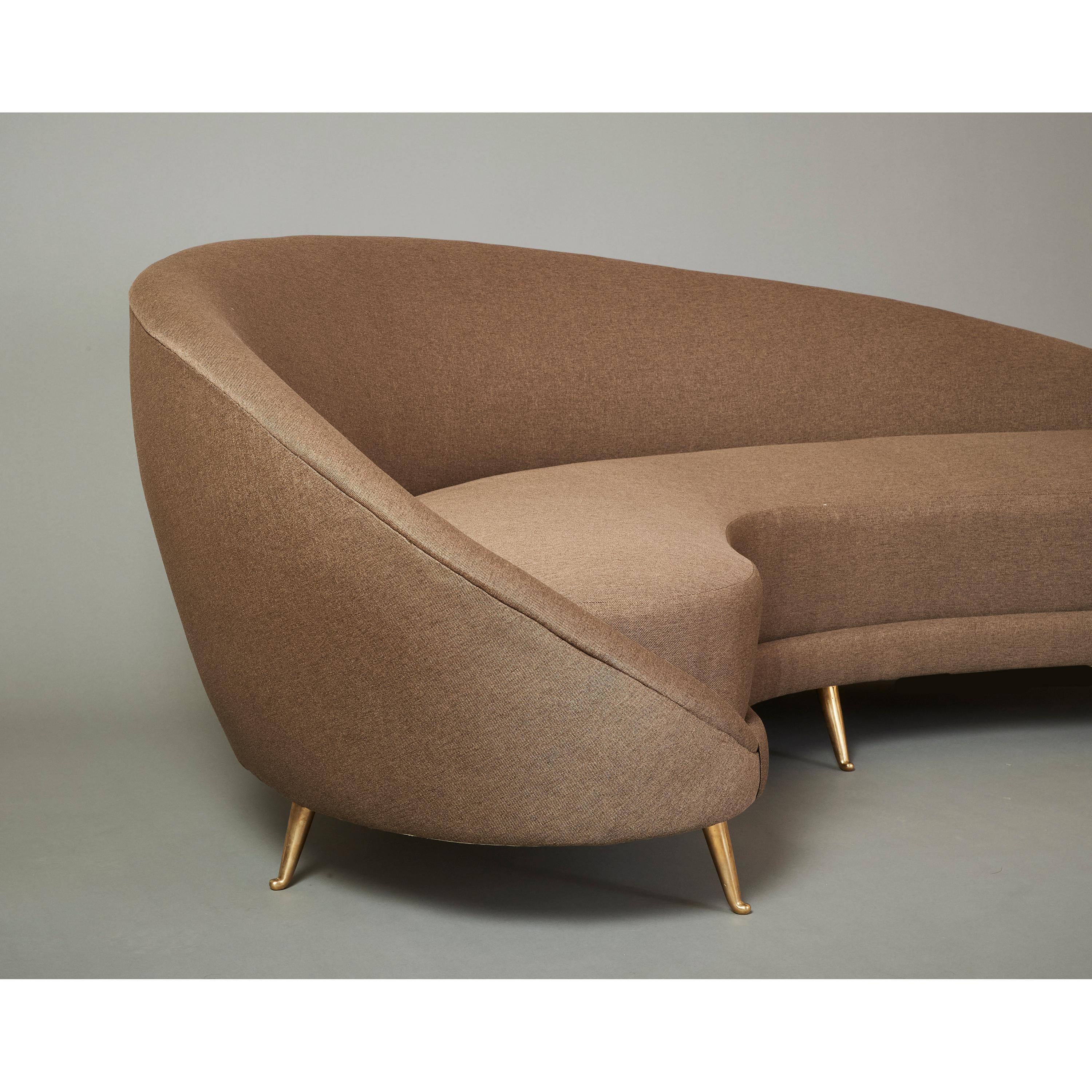 Federico Munari Curved Boomerang Sofa with Polished Brass Legs, Italy 1950's For Sale 7