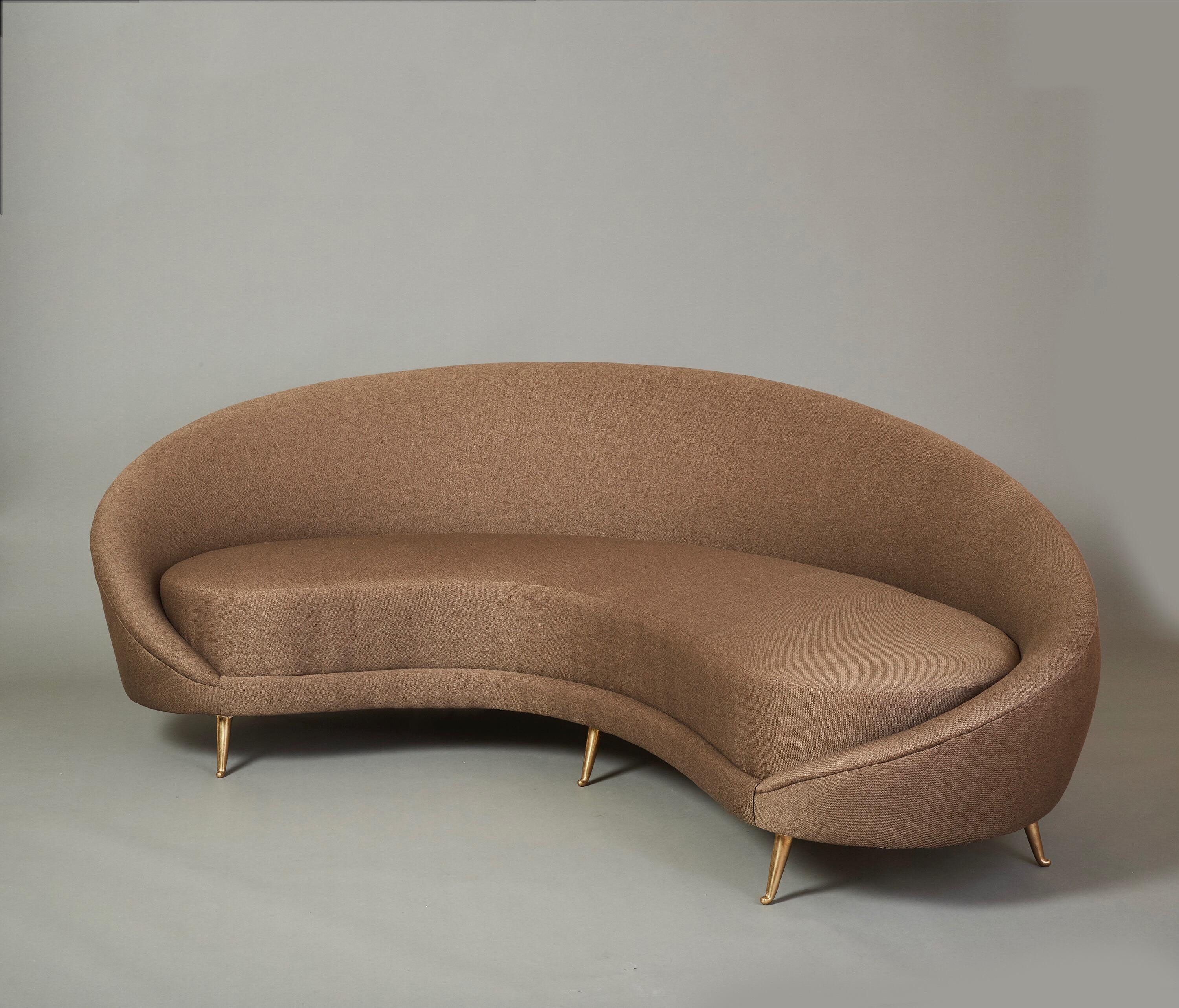 Italian Federico Munari Curved Boomerang Sofa with Polished Brass Legs, Italy 1950's For Sale