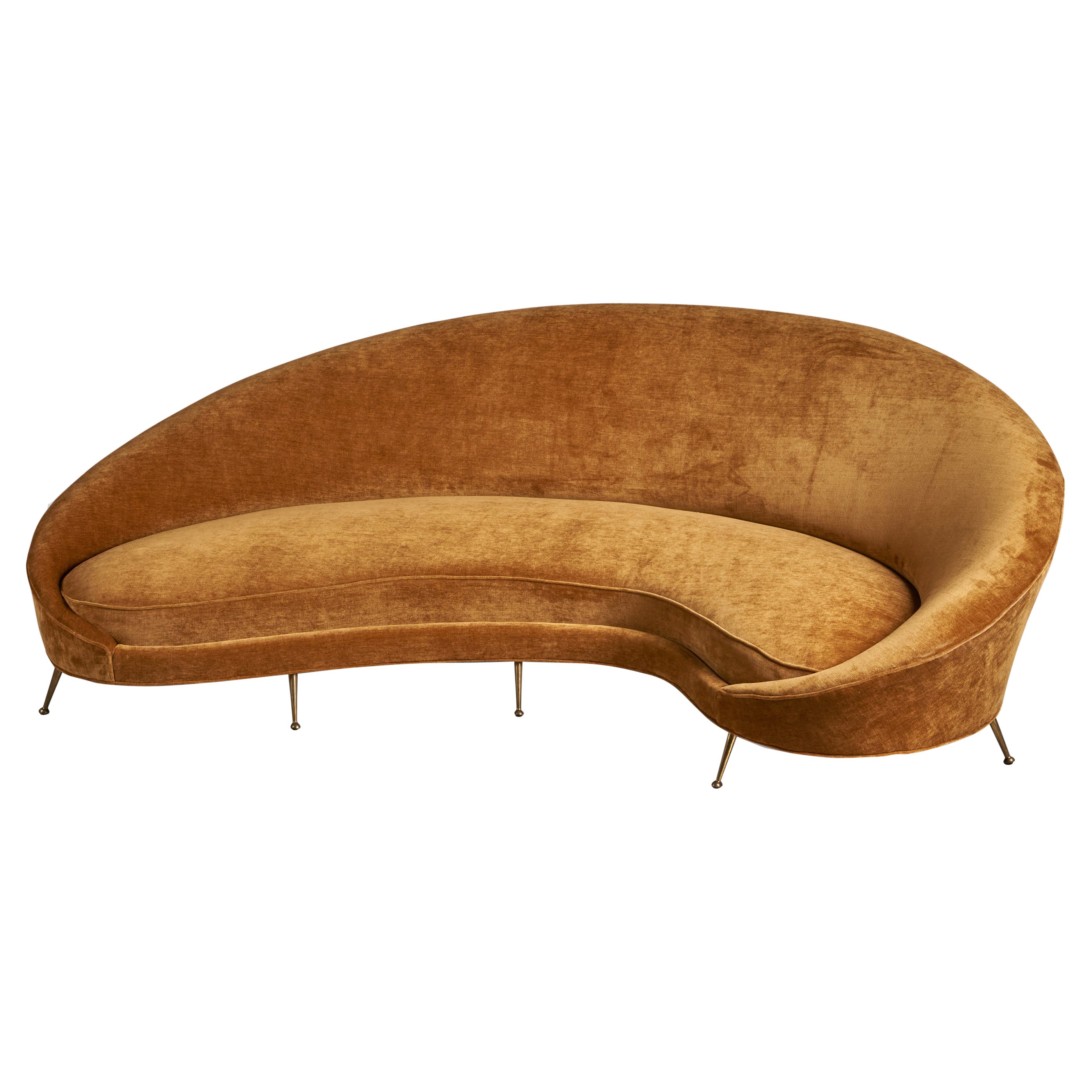 Federico Munari, Curved Sofa, Brass, Fabric, Italy, 1950s