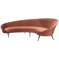 Federico Munari Curved Sofa Reupholstered Pink Velvet Brass Feet, Italy, 1951