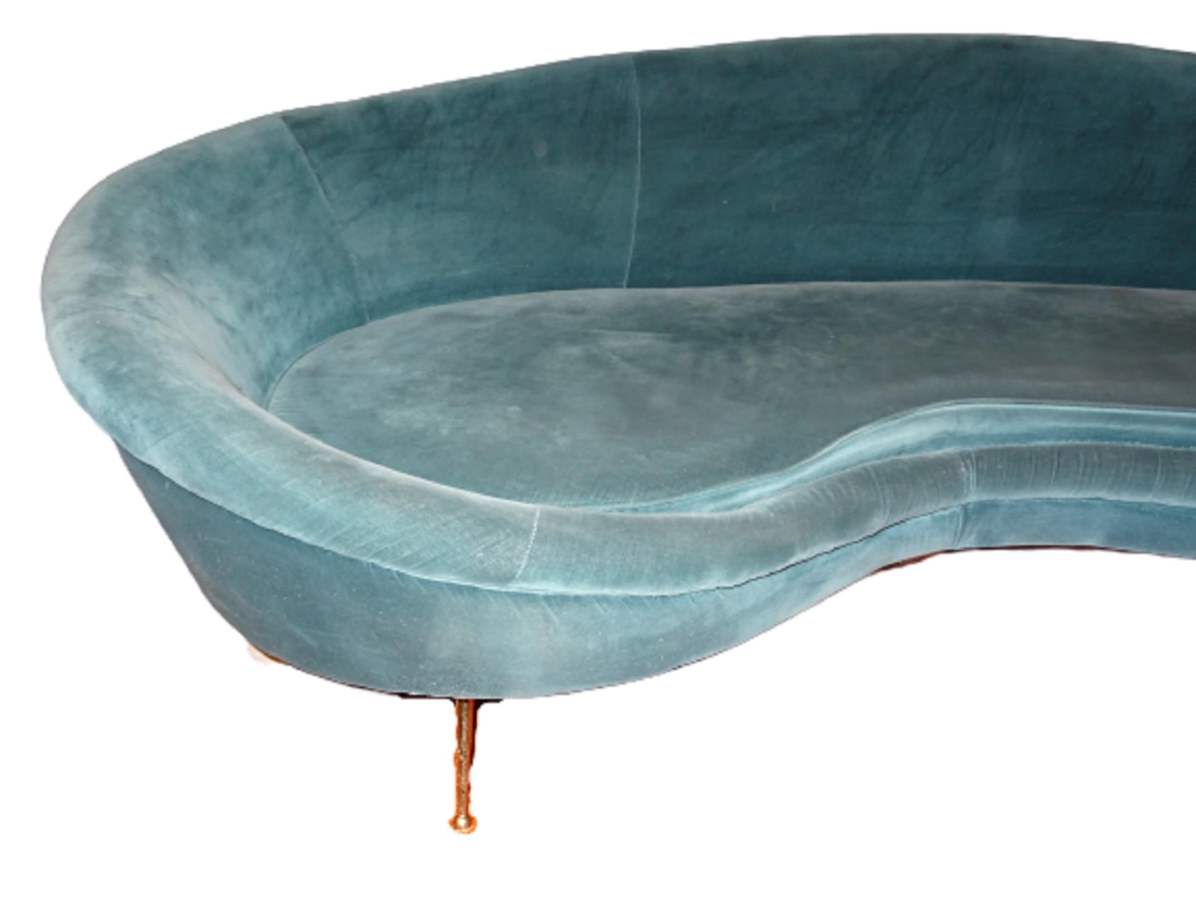 Hand-Crafted Federico Munari Italy  Sofa  Velvet and Polished Solid Brass Curved  1950