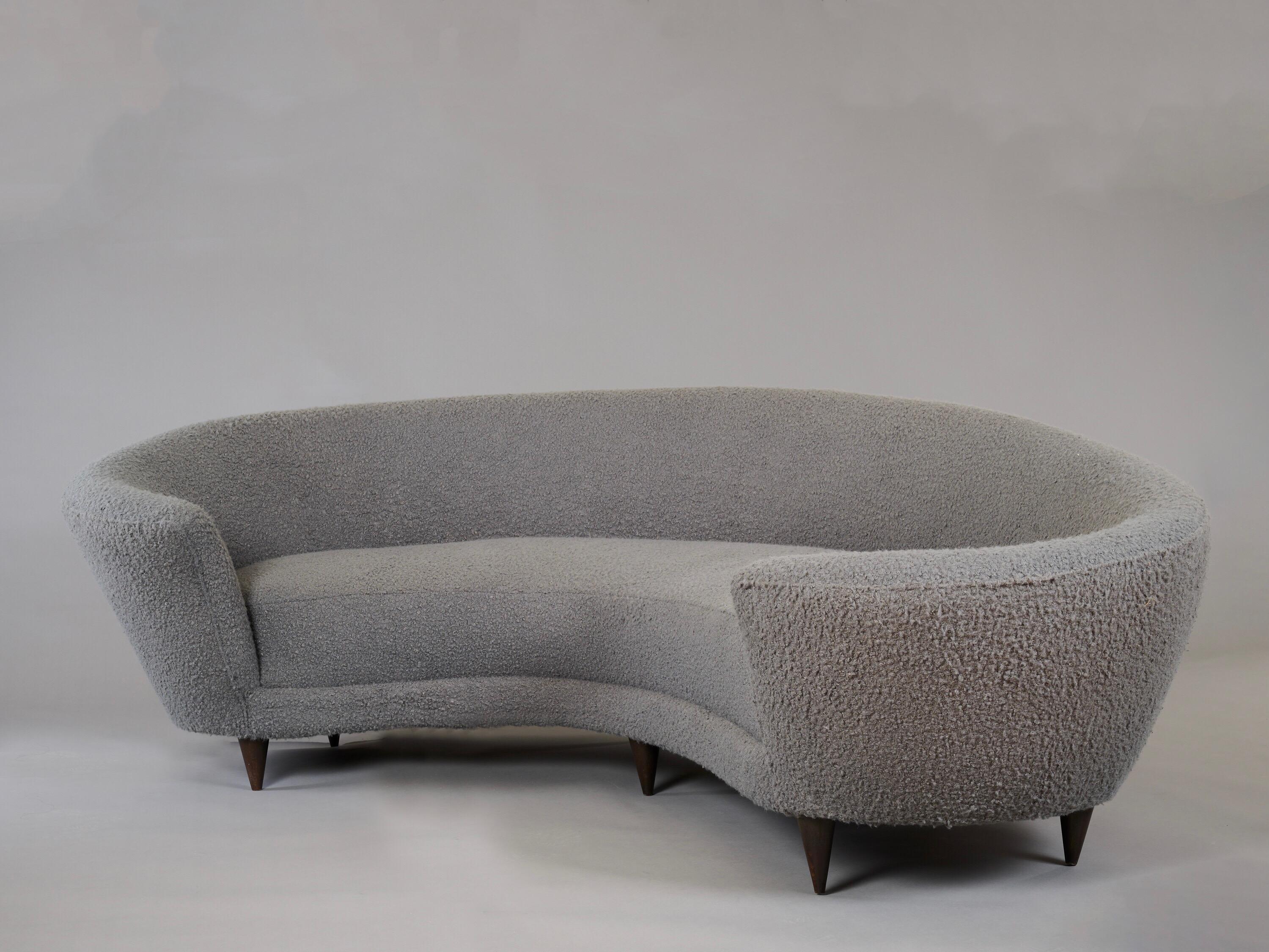 Fabric Federico Munari Large Curved Sofa in Dove Grey Boucle, Italy 1960's