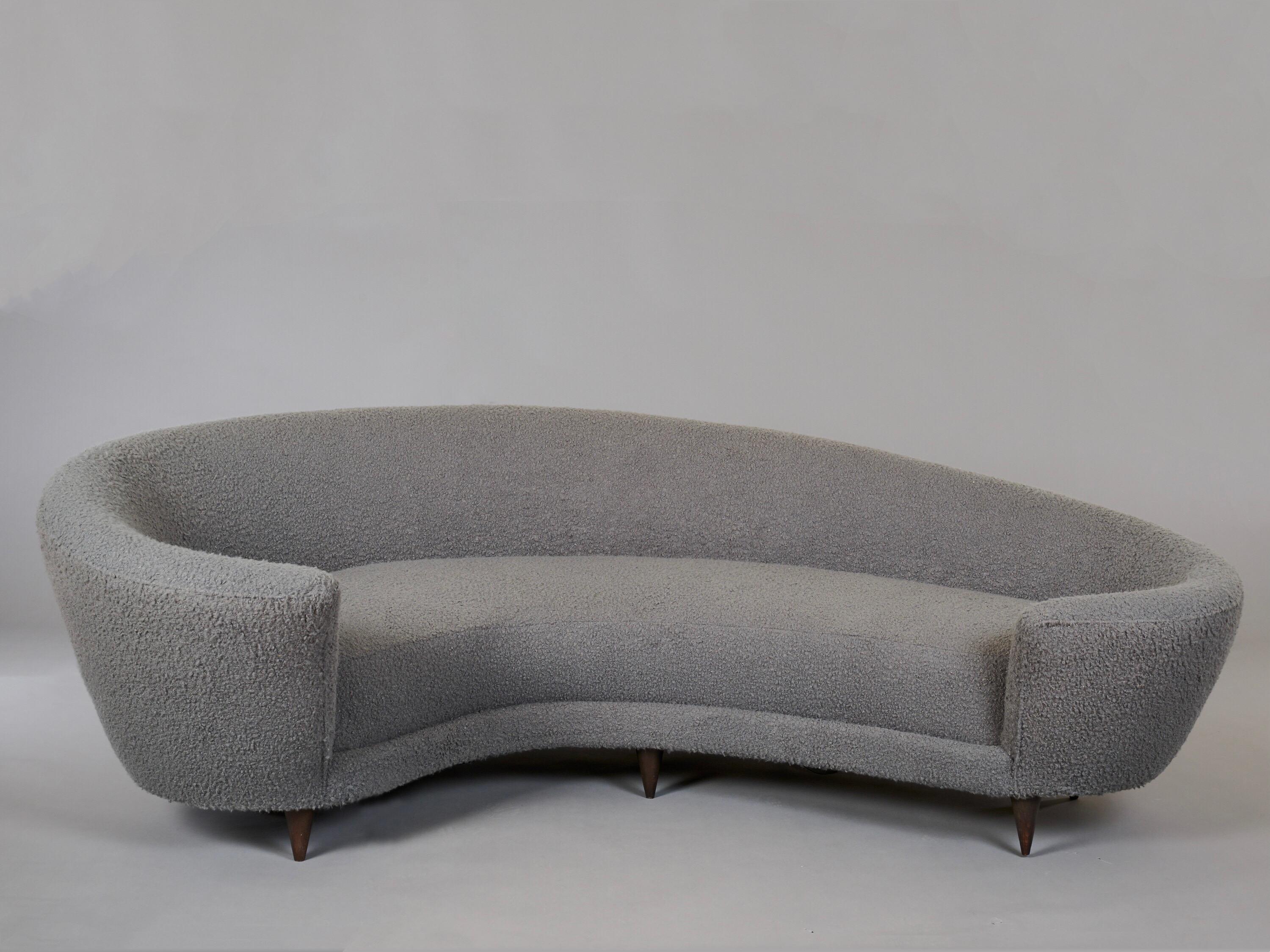 Mid-Century Modern Federico Munari Large Curved Sofa in Dove Grey Boucle, Italy 1960's