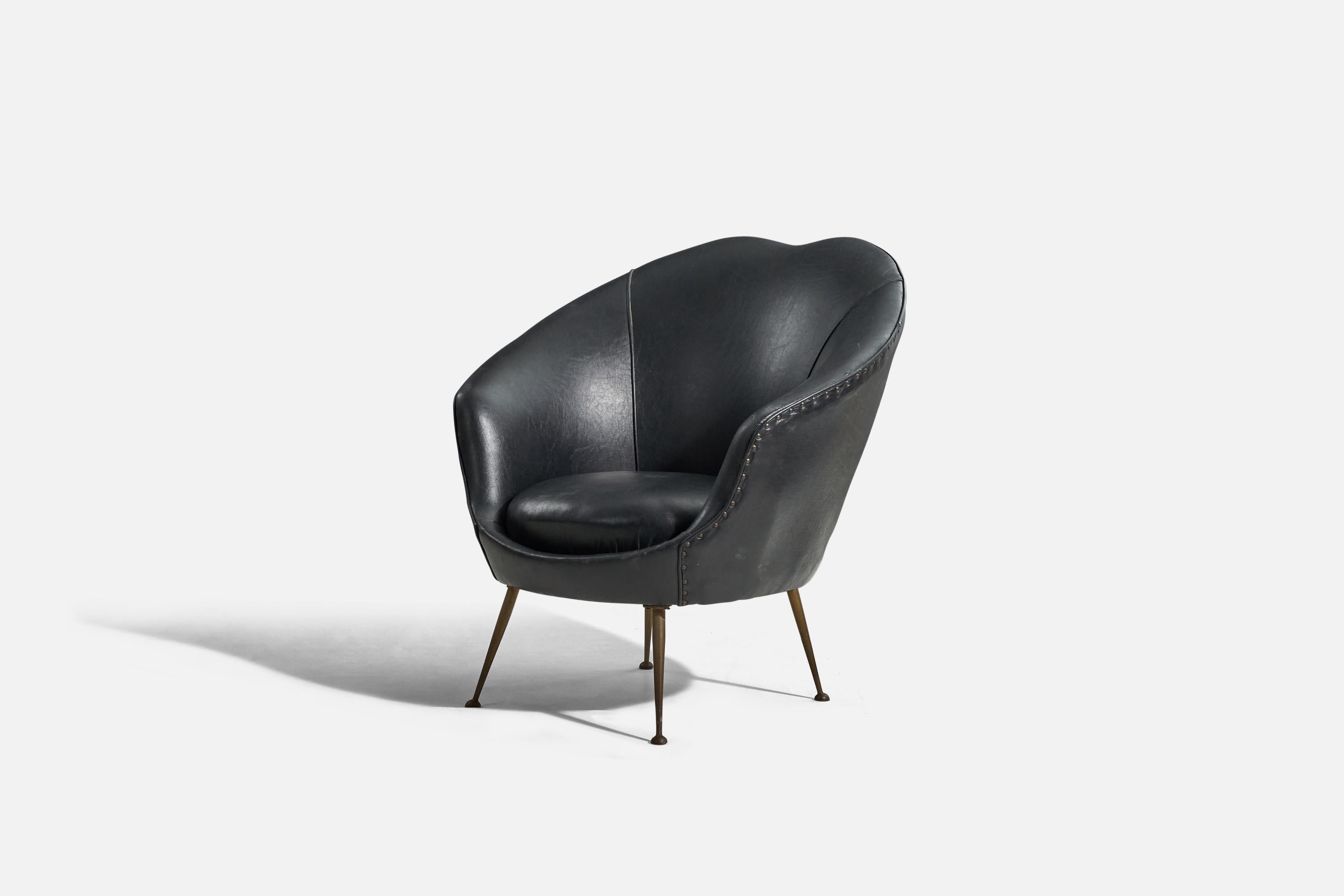 Mid-Century Modern Federico Munari, Lounge Chair, Vinyl, Brass, Italy, 1950s For Sale
