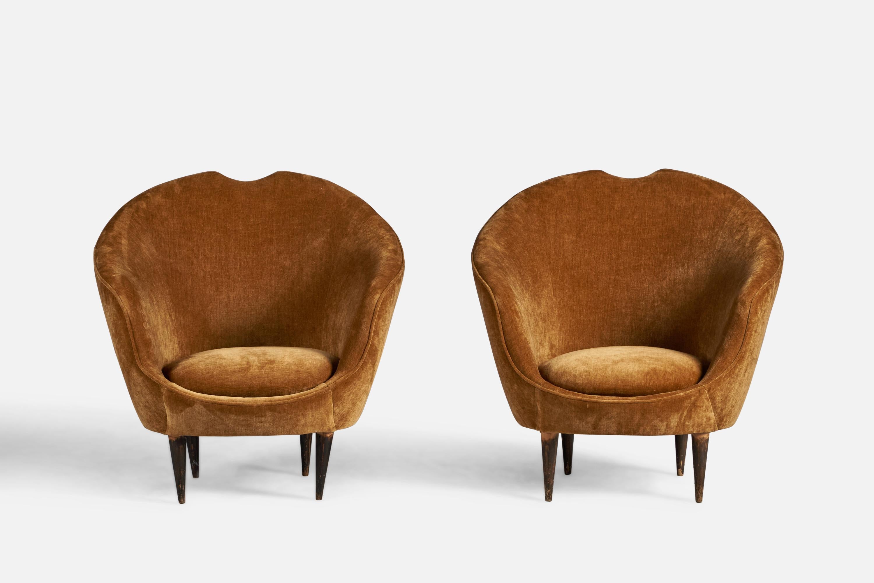 Mid-Century Modern Federico Munari, Lounge Chairs, Walnut, Fabric, Italy, 1950s For Sale