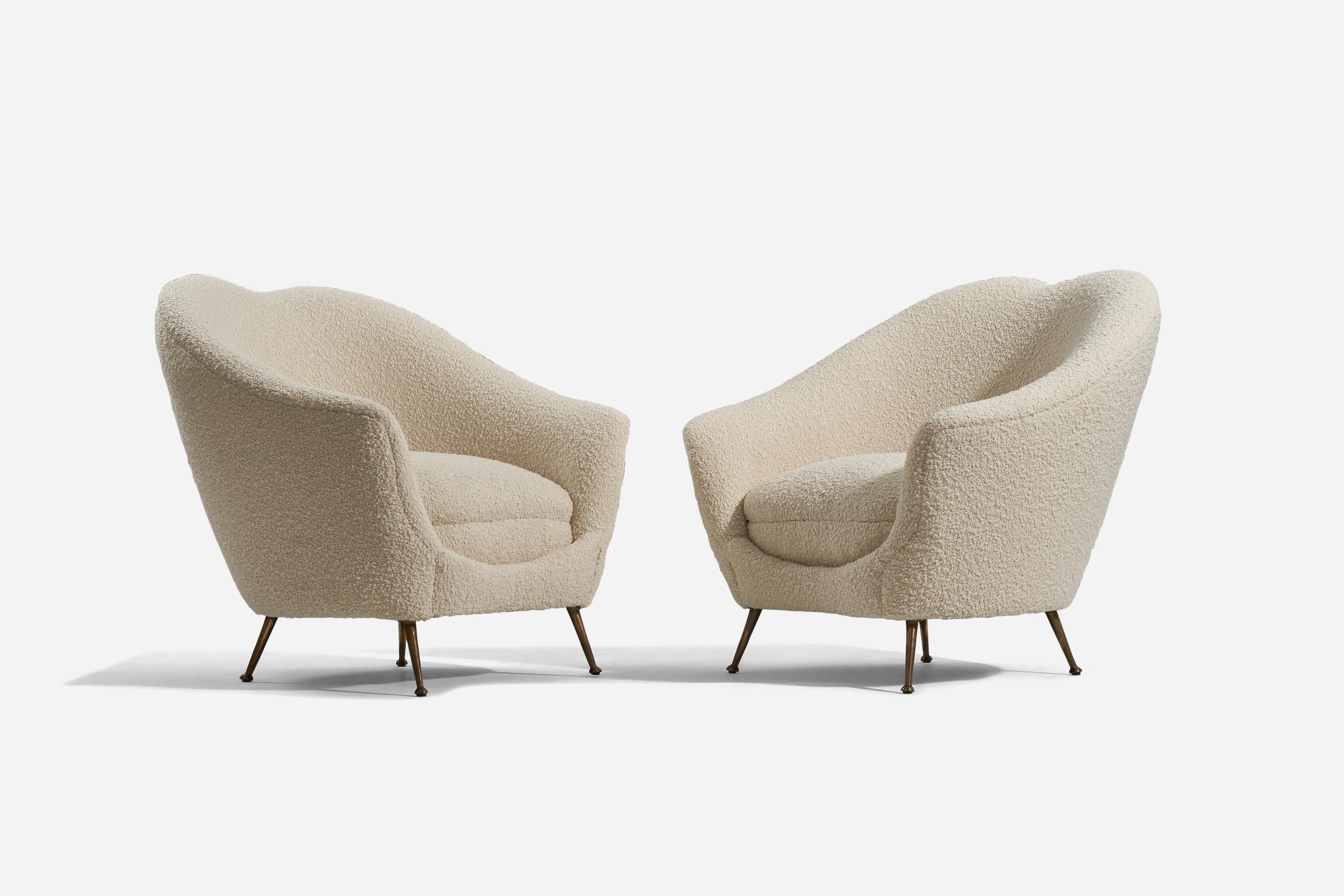 Italian Federico Munari, Lounge Chairs, White Fabric, Brass, Italy, 1950s