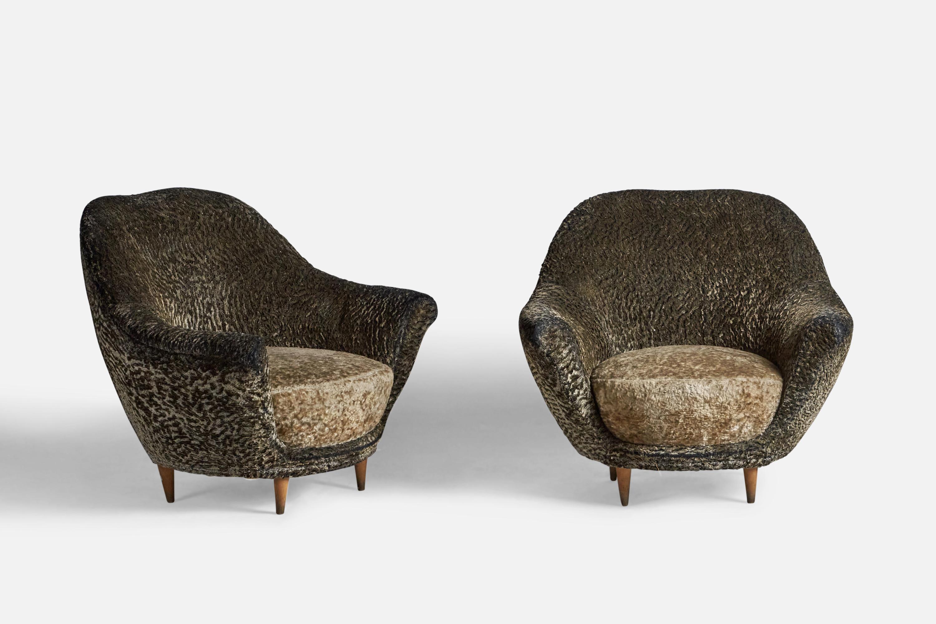 Mid-Century Modern Federico Munari, Lounge Chairs, Wood, Fabric, Italy, 1940s For Sale