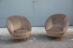 Federico Munari Midcentury Armchairs Bronze Velvet Curved Wooden Feet, 1950s