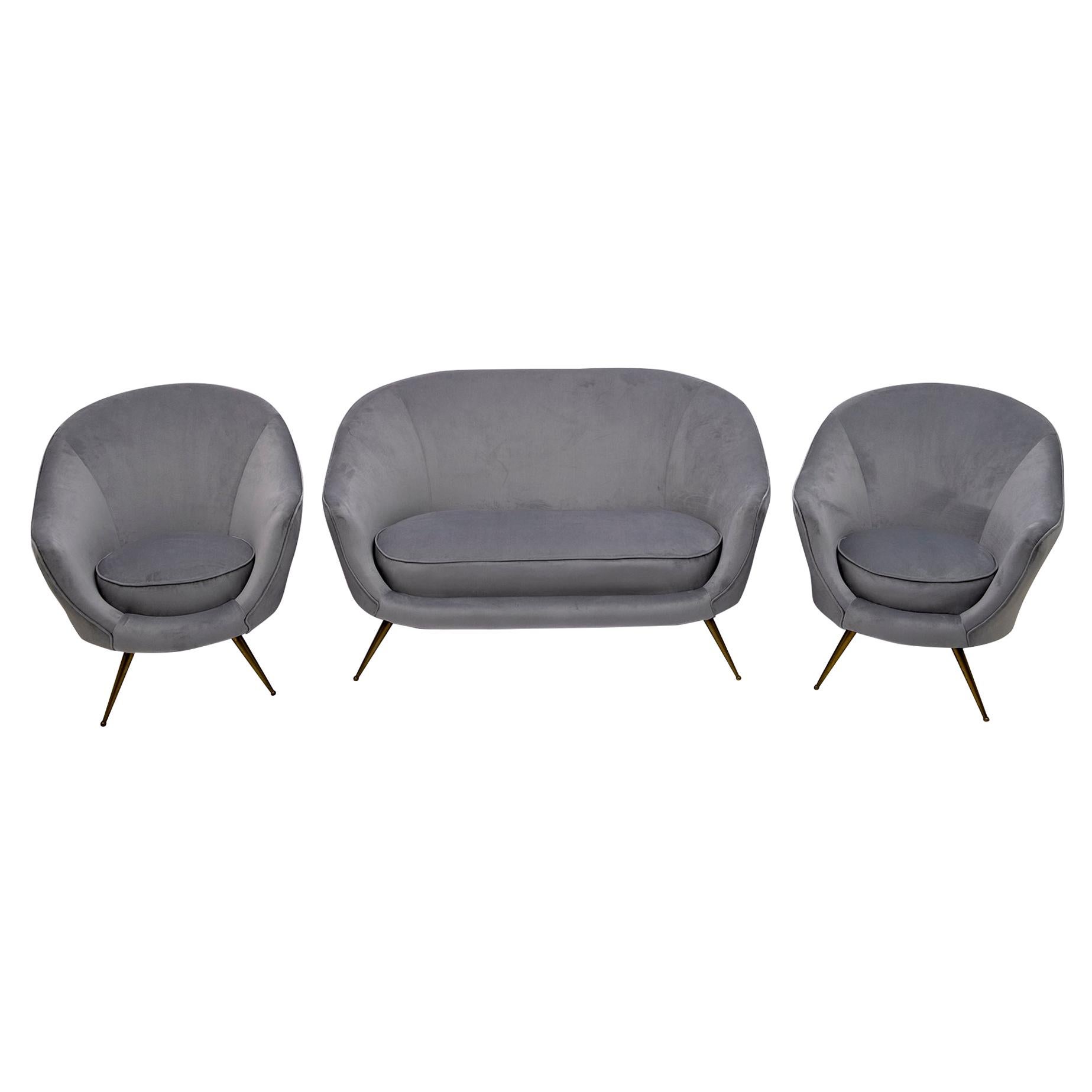 Canapé incurvé et deux fauteuils italiens Federico Munari, de style mi-siècle moderne, années 1950