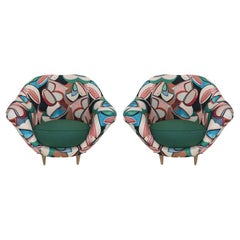 Retro Federico Munari Mid-Century Modern Pair of Green Linen Italian Armchairs