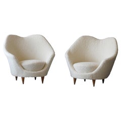 Federico Munari, Organic Lounge Chairs, Wood, White Bouclé Fabric, Italy, 1950s