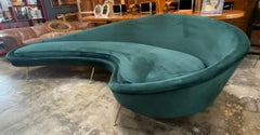 Federico Munari Style Green Velvet Curved Sofa with Brass Legs, Italy, 1960s