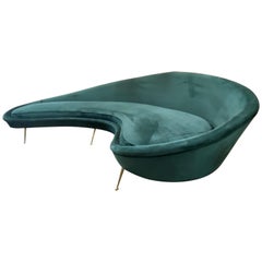 Federico Munari Style Green Velvet Curved Sofa with Brass Legs, Italy, 1960s