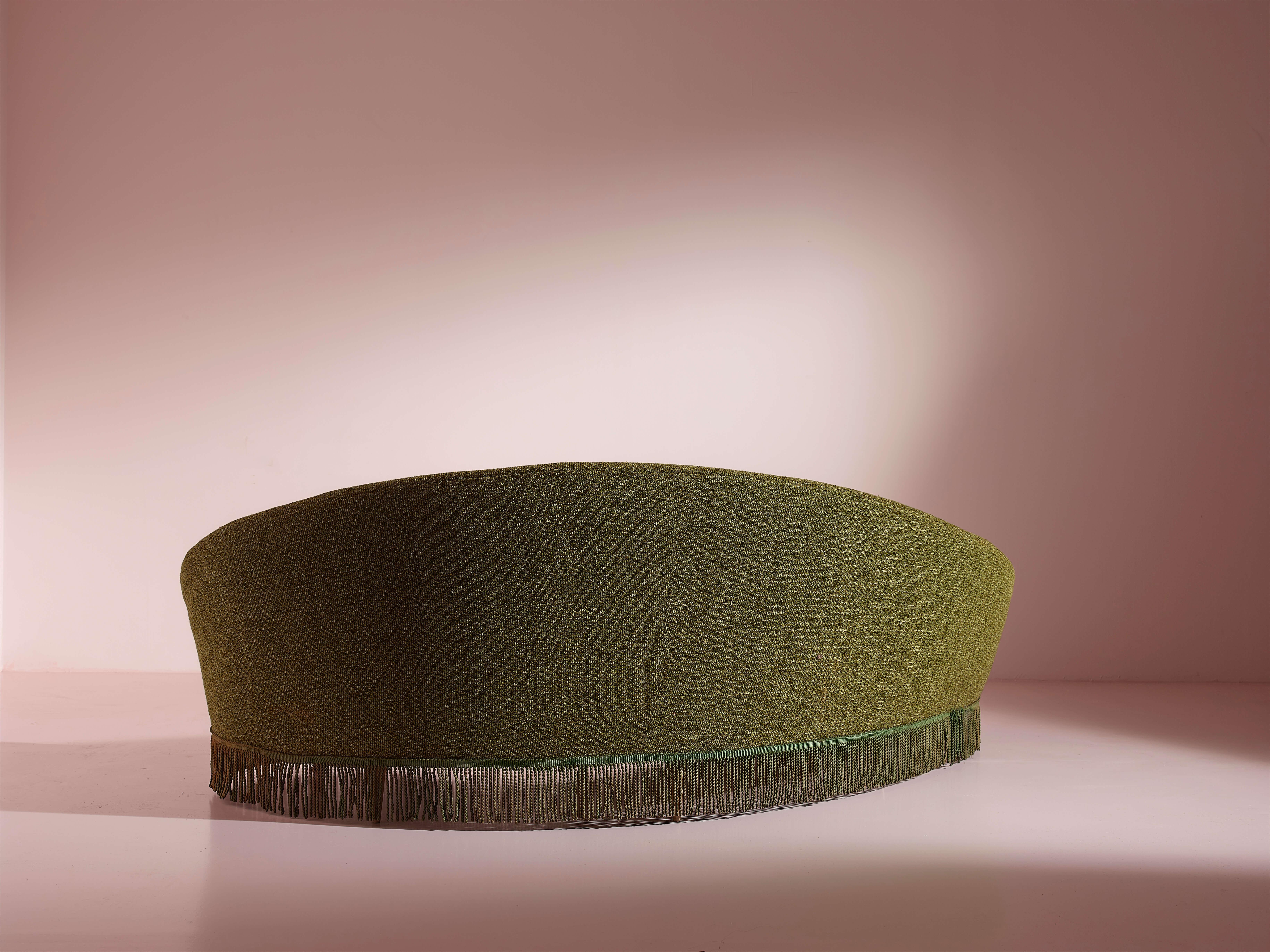 Mid-20th Century Federico Munari wood and green original fabric curved sofa, Italy, 1950s.