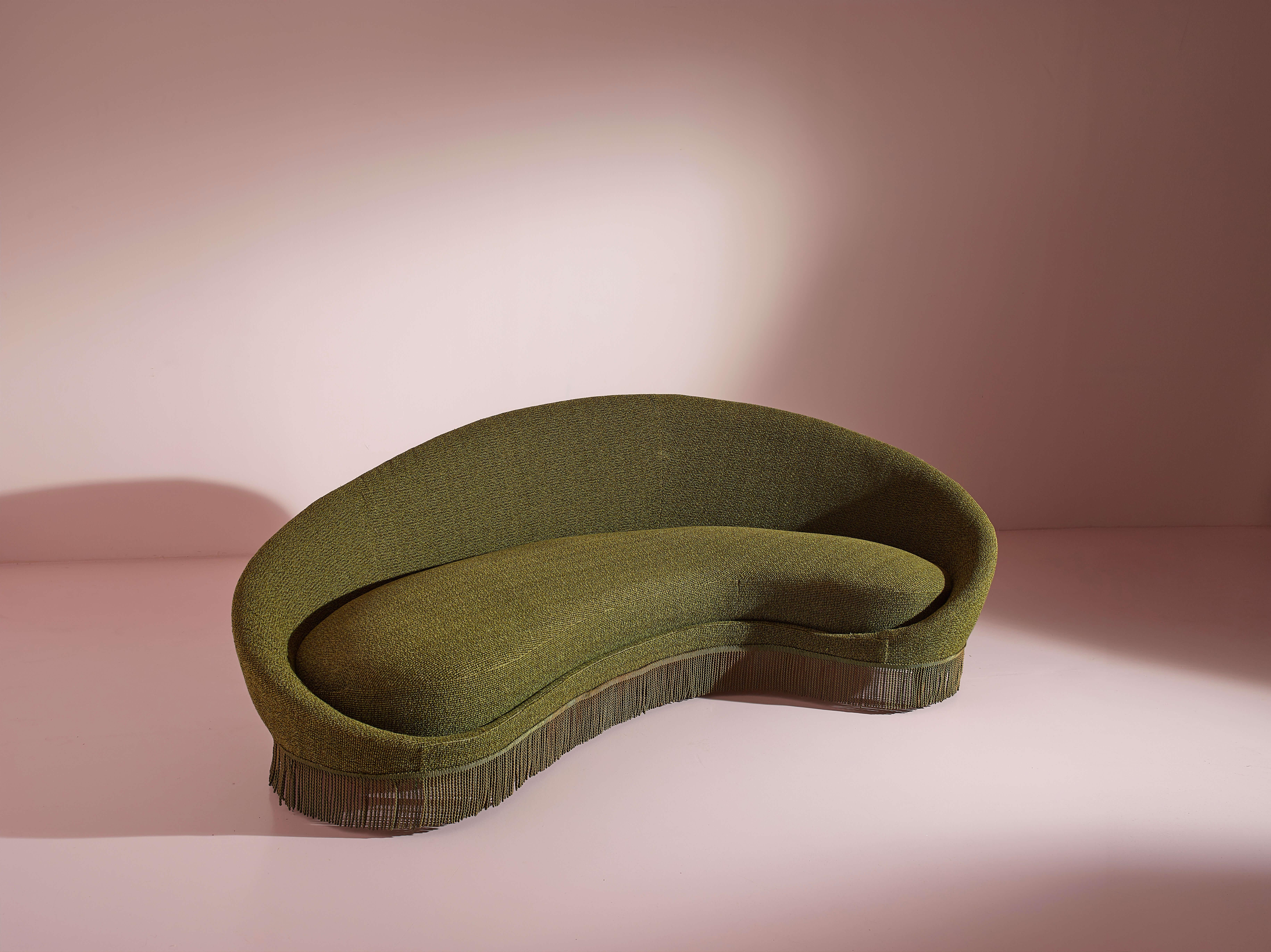 Fabric Federico Munari wood and green original fabric curved sofa, Italy, 1950s.