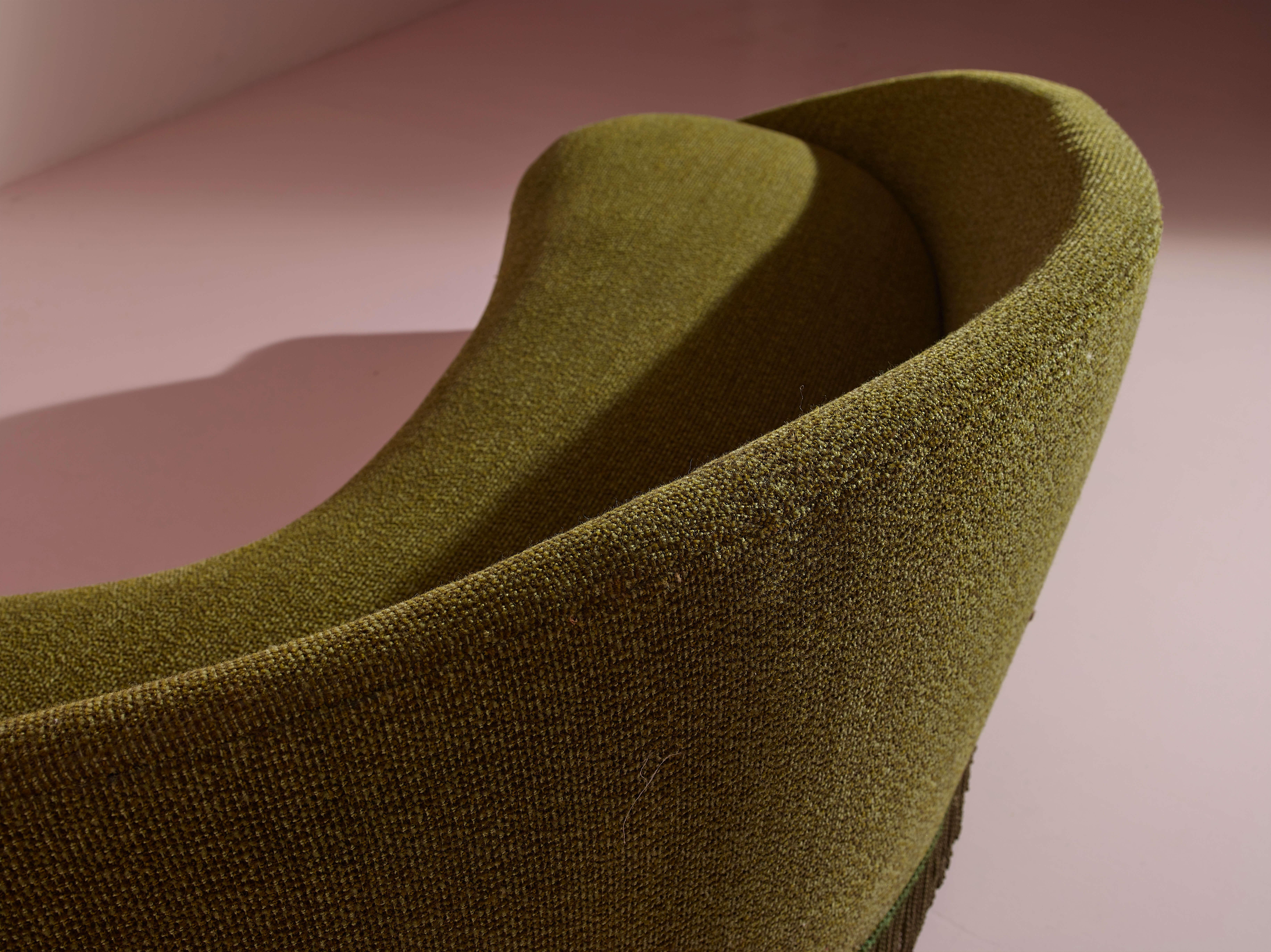 Federico Munari wood and green original fabric curved sofa, Italy, 1950s. 1