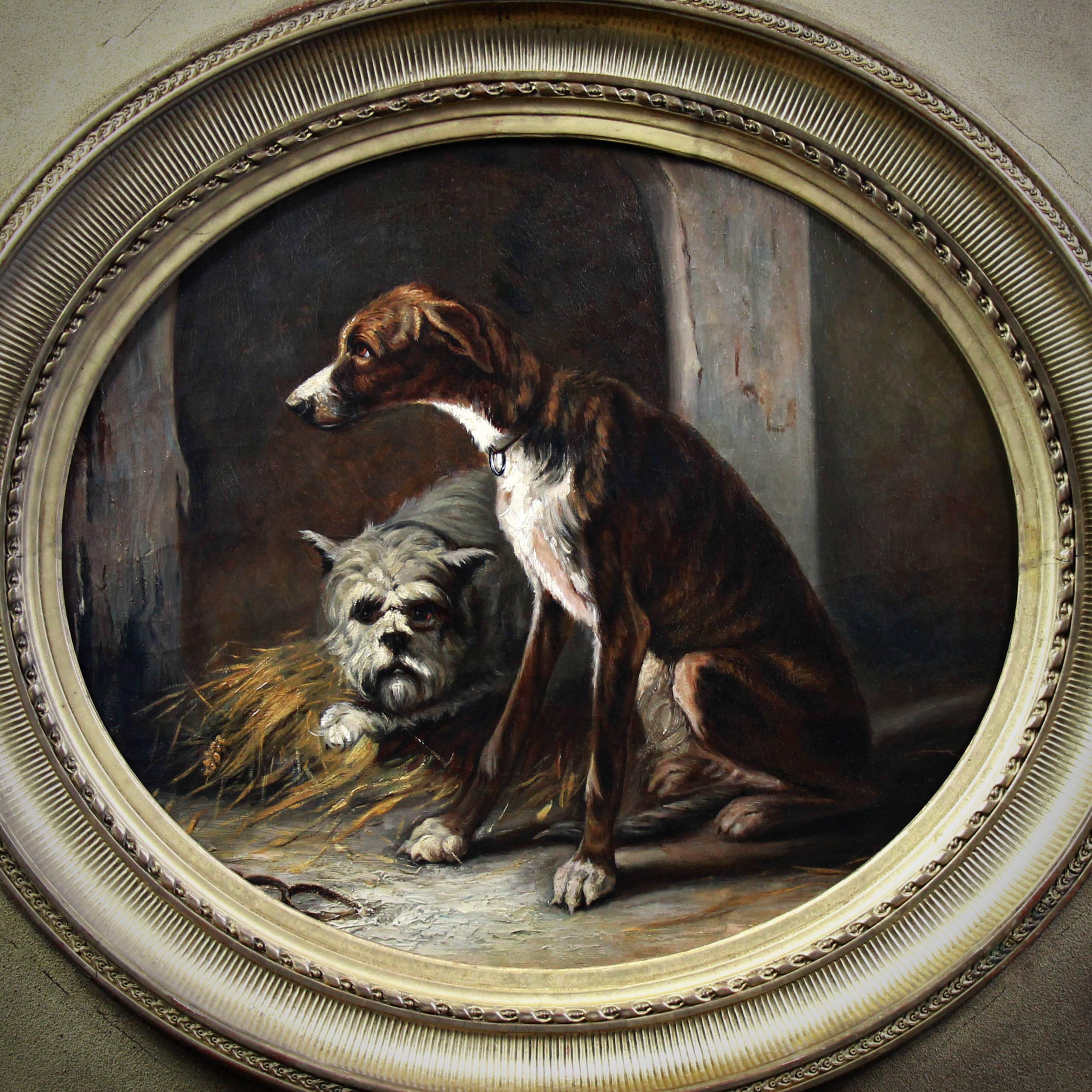 Due cani da caccia in una cuccia, pittura a olio su tela 19° Federico OLARIA in vendita 1