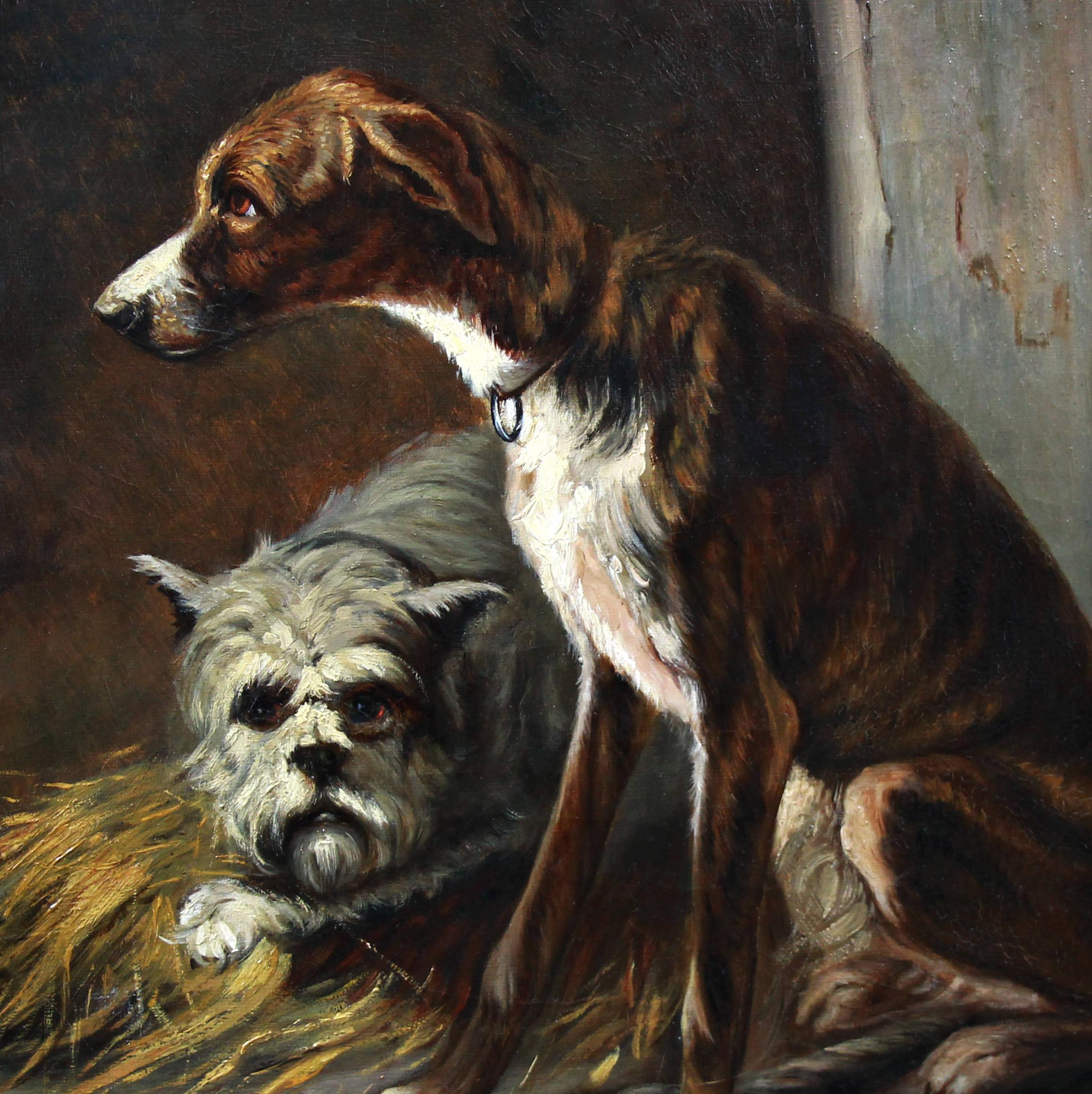 Due cani da caccia in una cuccia, pittura a olio su tela 19° Federico OLARIA in vendita 2