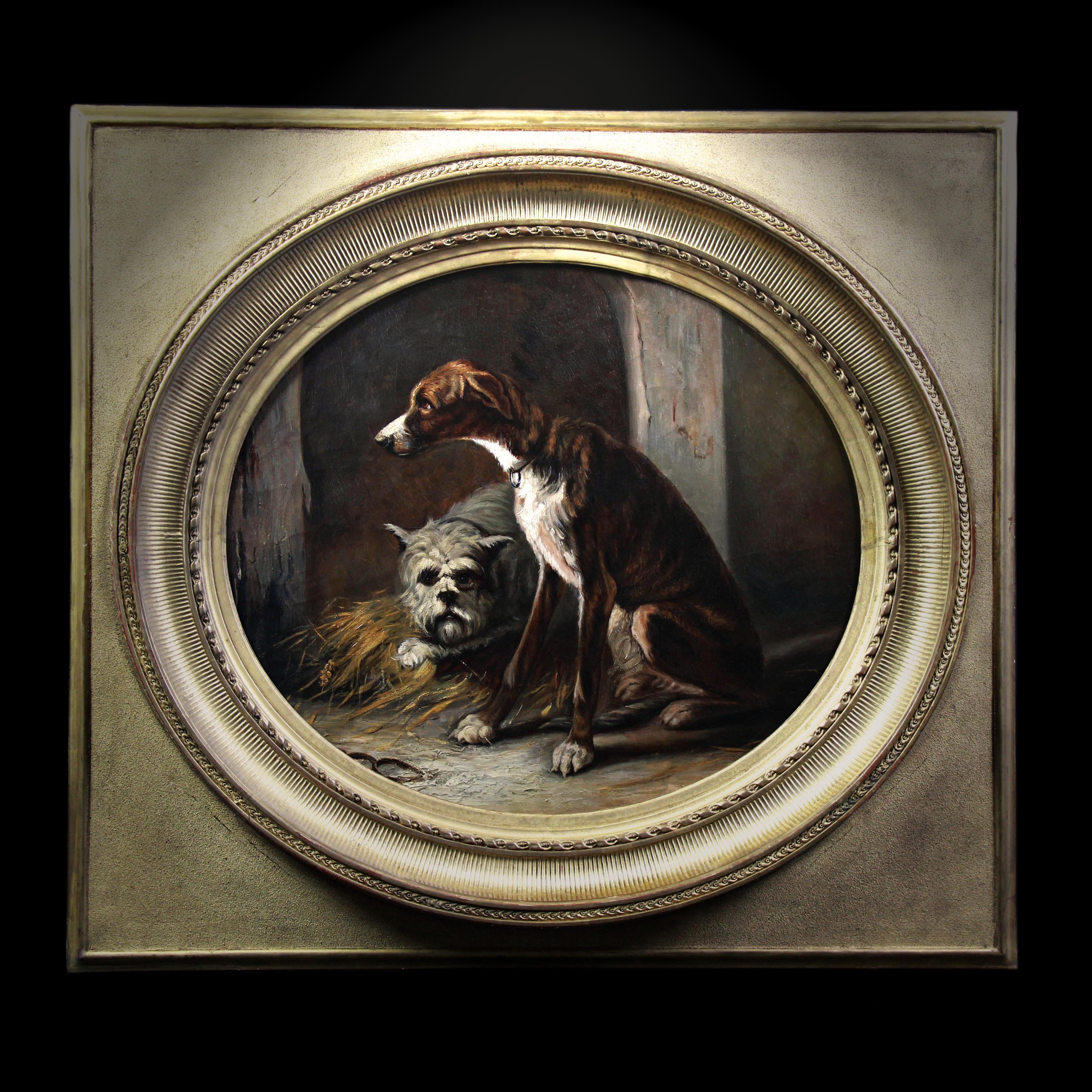 Due cani da caccia in una cuccia, pittura a olio su tela 19° Federico OLARIA in vendita 3