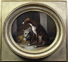 Two hunting dogs in a kennel, oil painting on canvas 19th Federico OLARIA