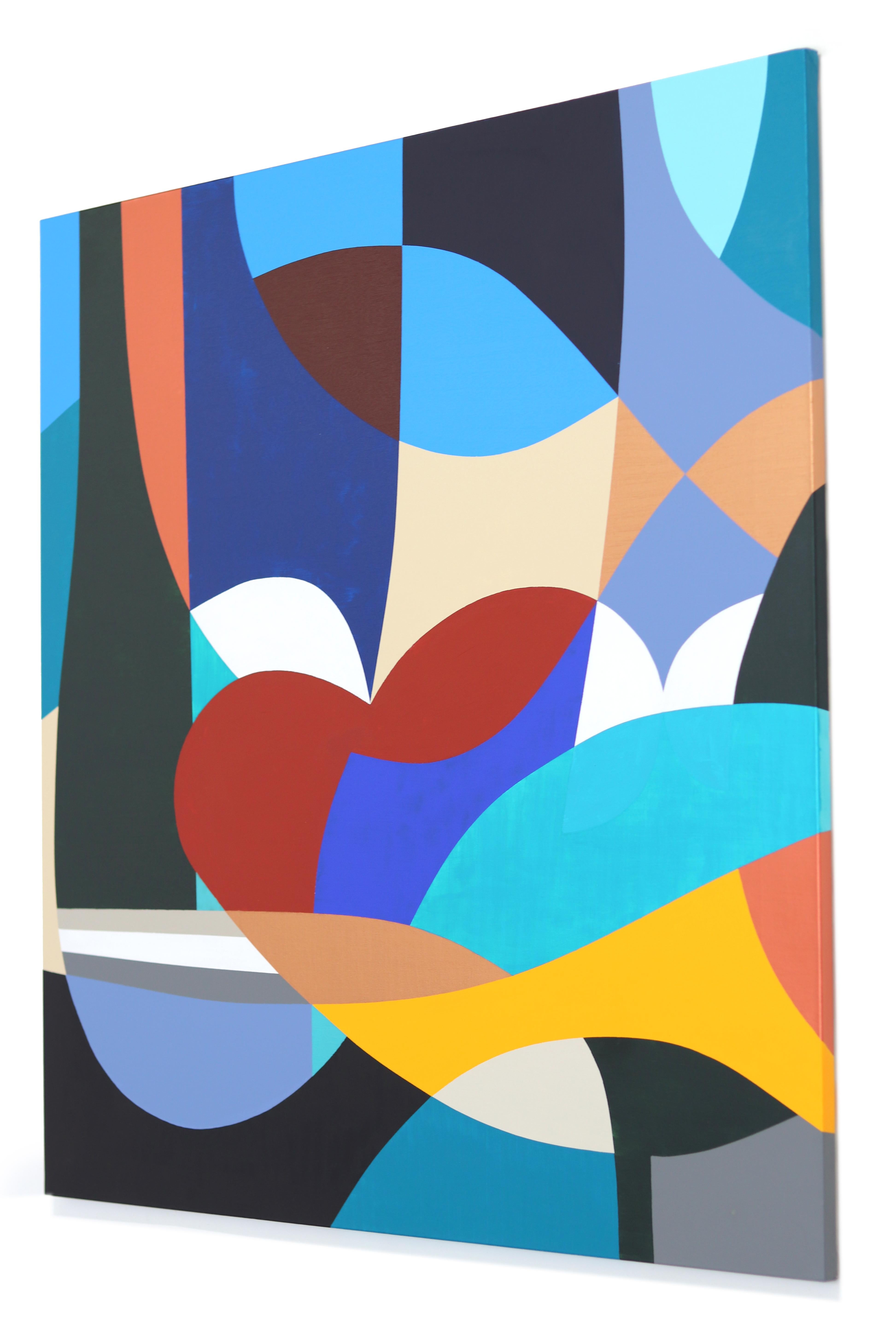 Elefante - Original Abstract Vibrant Cool Tone Geometric Painting on Canvas For Sale 1