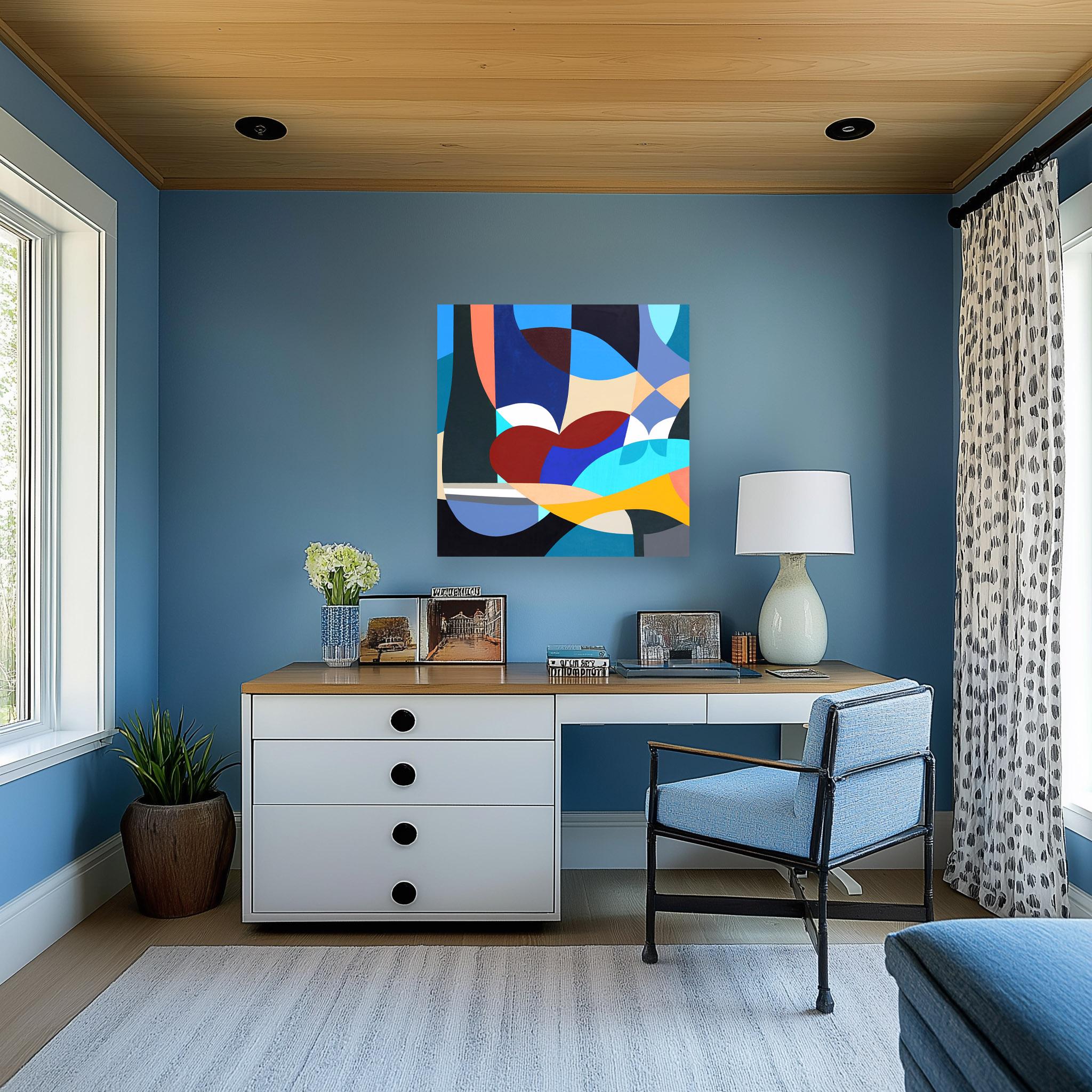 Elefante - Original Abstract Vibrant Cool Tone Geometric Painting on Canvas For Sale 3