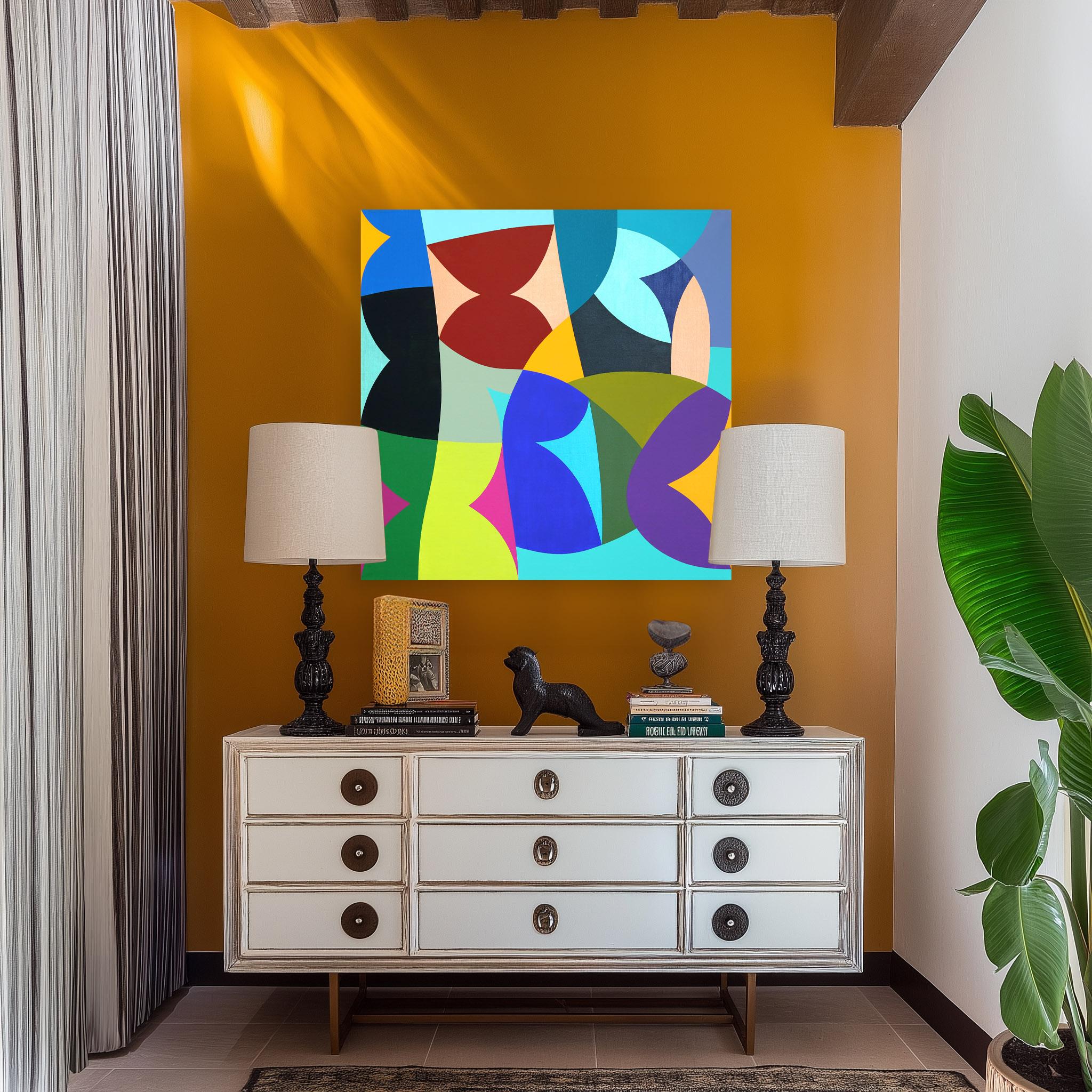 Farfalle - Original Abstract Vibrant Colorful Geometric Shape Painting on Canvas - Purple Abstract Painting by Federico Pinto Schmid