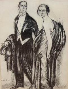 Dibujo a carbón - Pareja galante - Época art-decó